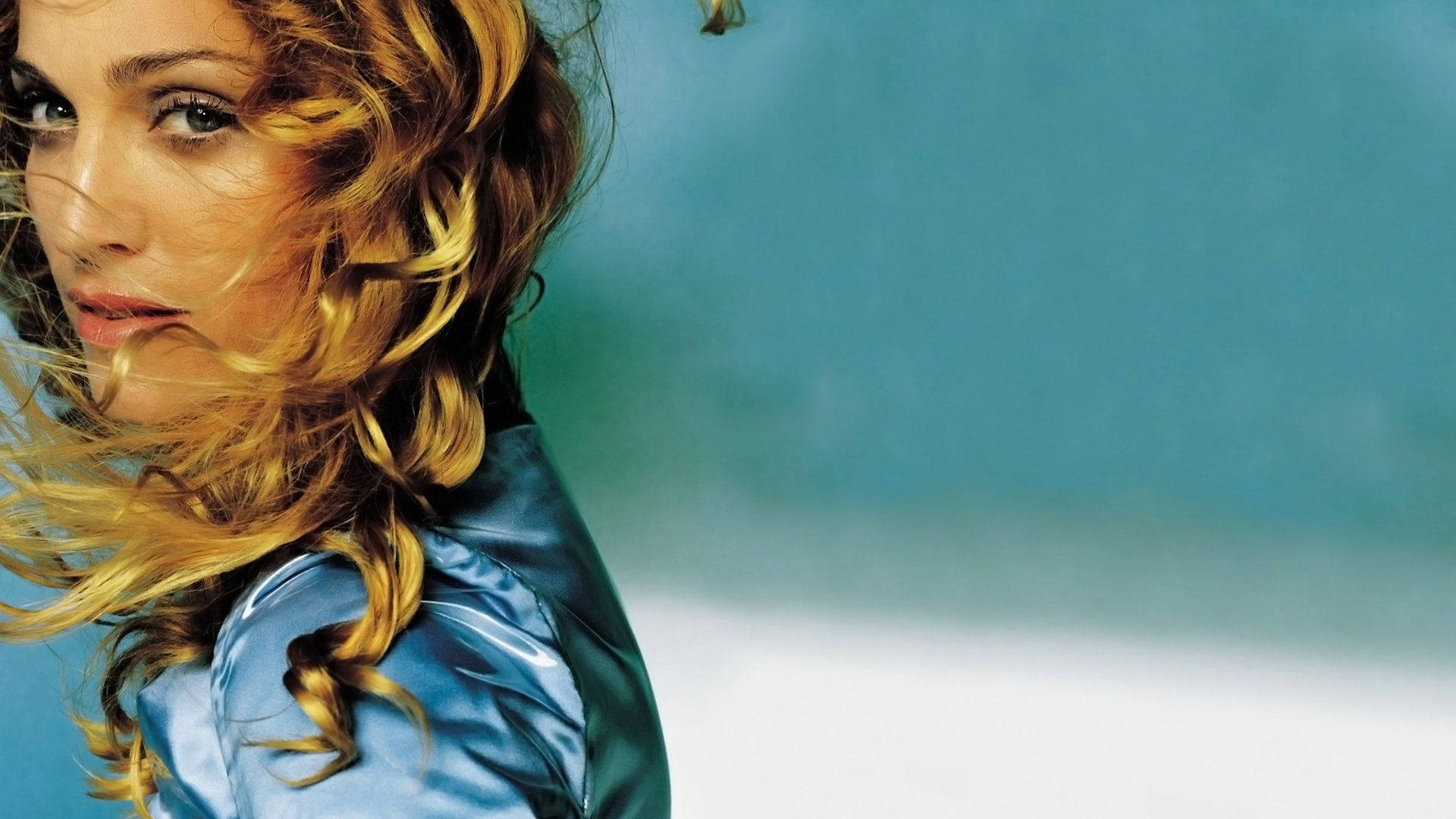 Madonna, blue silk shirt, windswept golden hair, Full HD Desktop Wallpaper