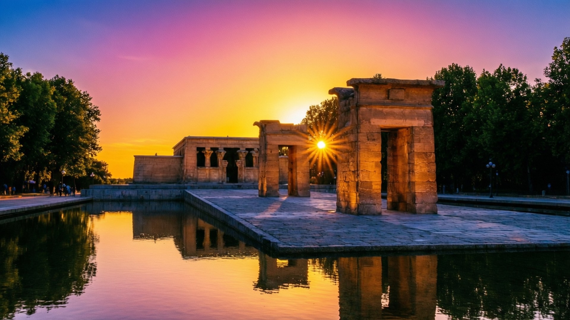 Debod, Sunset, ancient stone temple pillars, Full HD Desktop Wallpaper