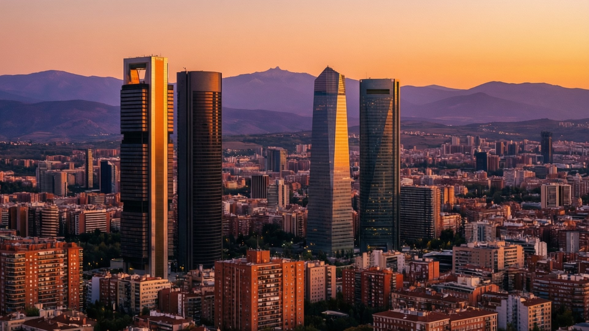 Madrid, skyline, sunset, Full HD Desktop Wallpaper