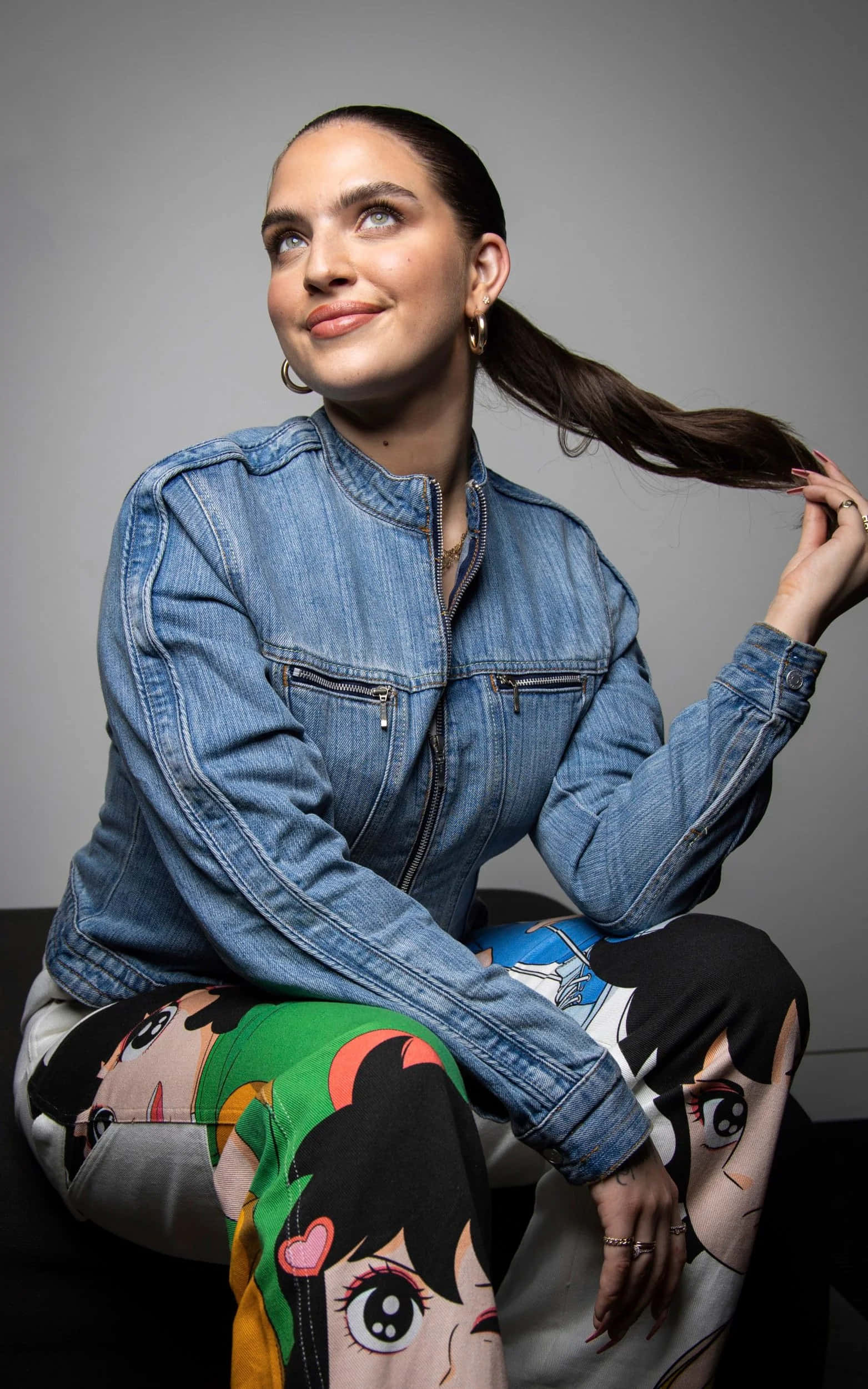 Mae Muller, denim jacket, anime-print pants, Full HD Phone Wallpaper