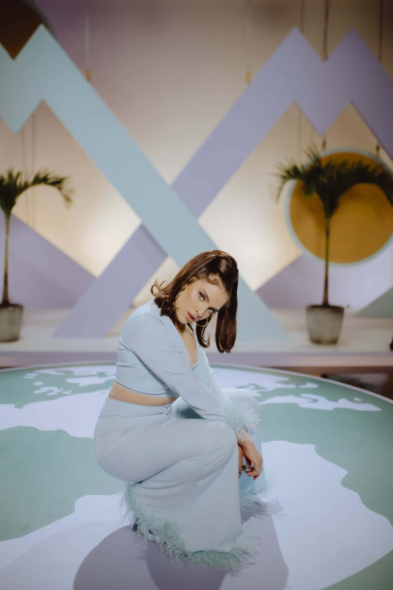 Mae Muller, light blue feathered pants, world map floor, Full HD Phone Wallpaper