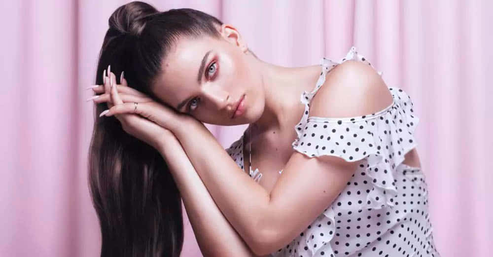 Mae Muller, high bun, soft pink curtain backdrop, SD Desktop Wallpaper