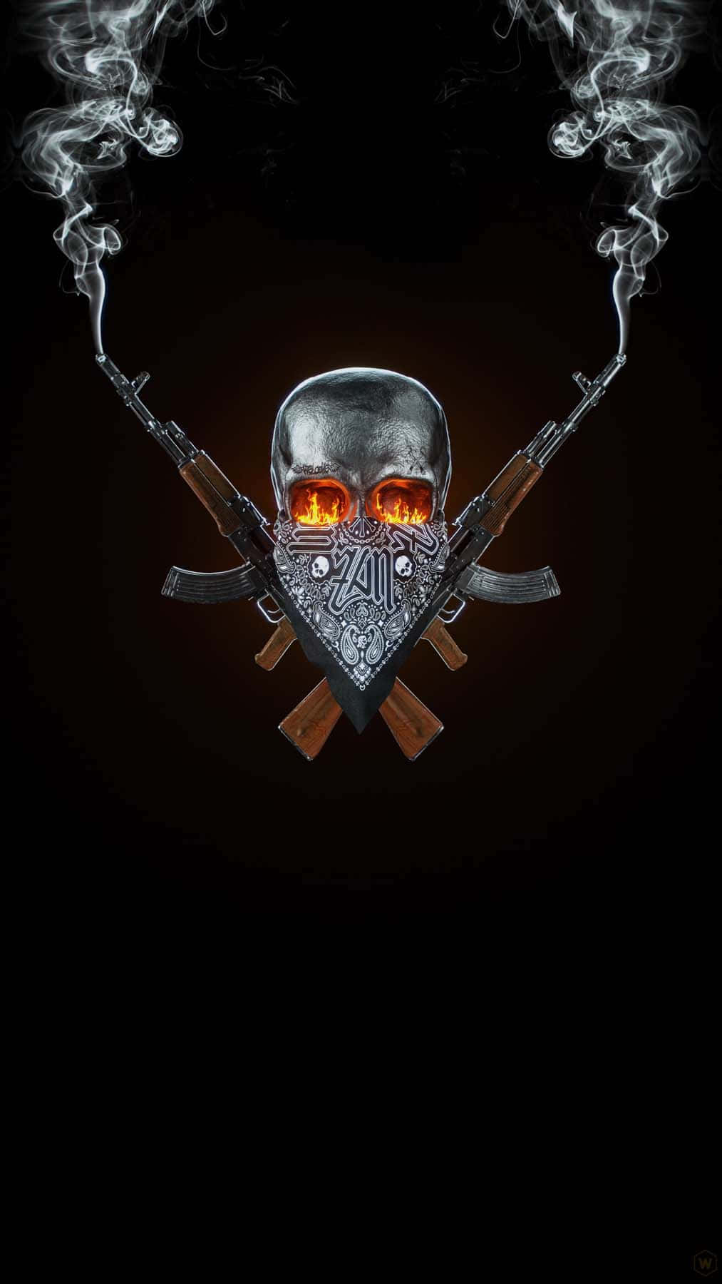 metallic skull, fiery eyes, bandana, HD Phone Wallpaper
