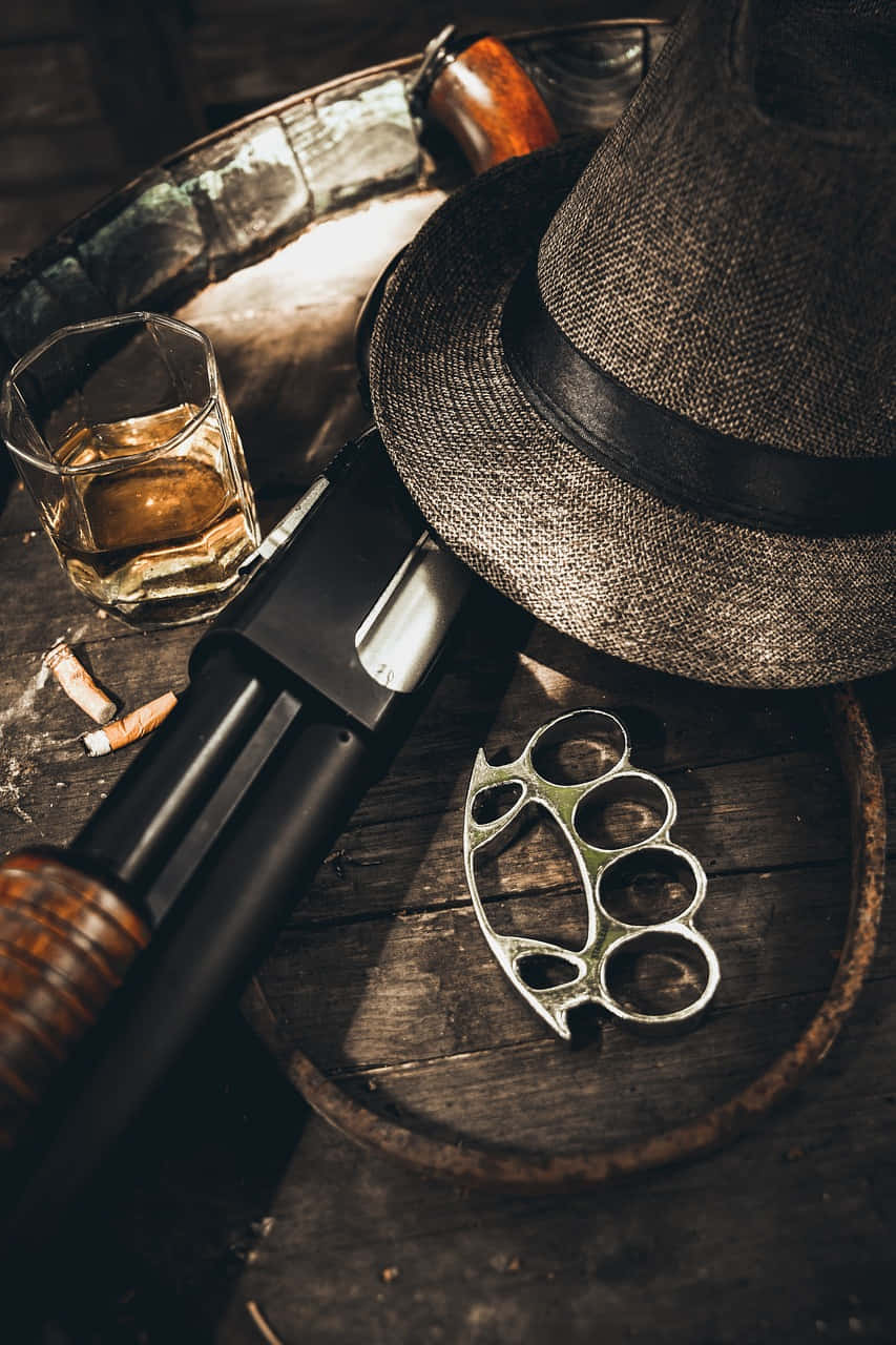 Mafia iPhone, vintage fedora, whiskey glass, HD Phone Wallpaper