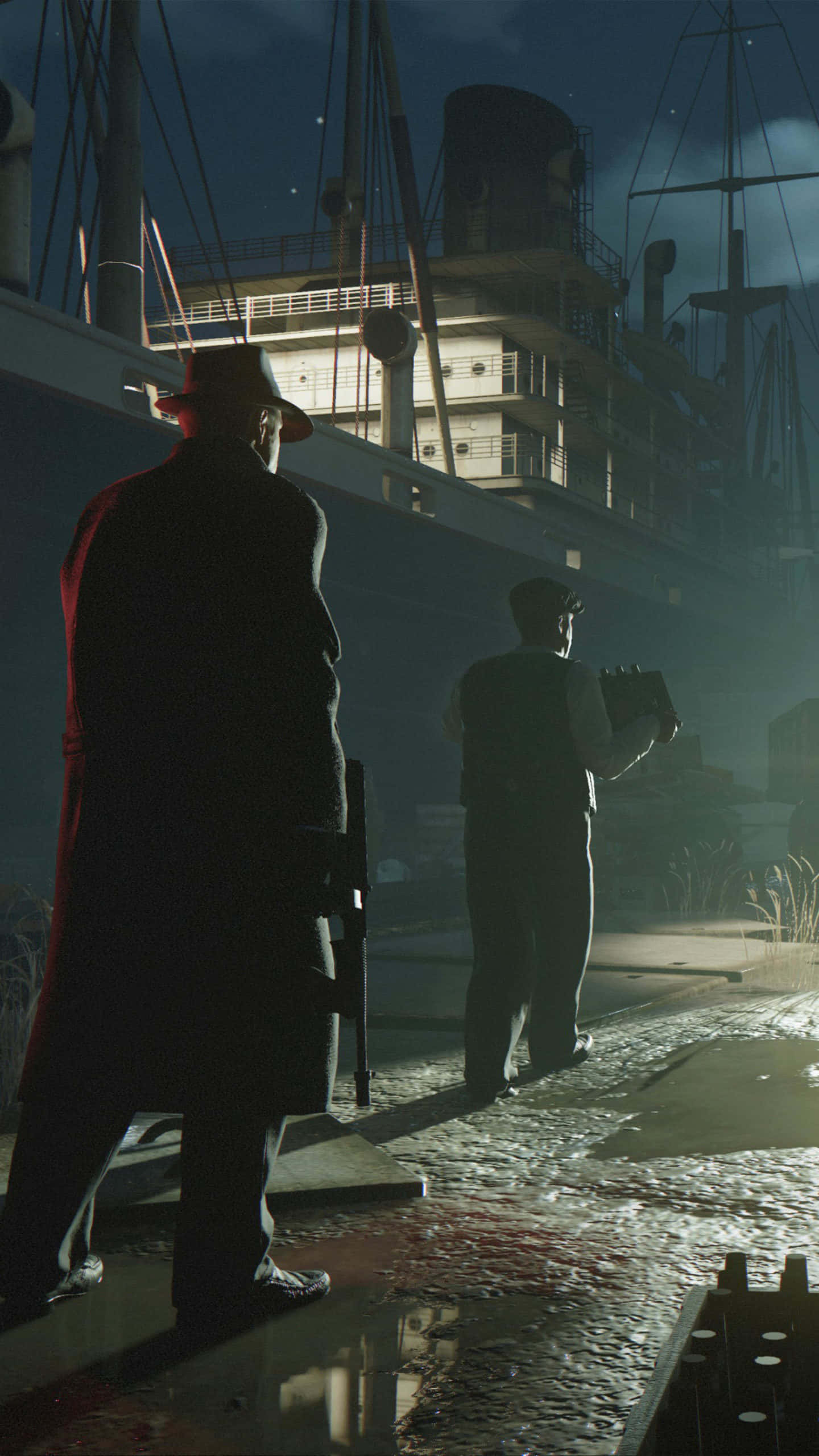 Mafia iPhone, trench coats, dock, 2K Phone Wallpaper