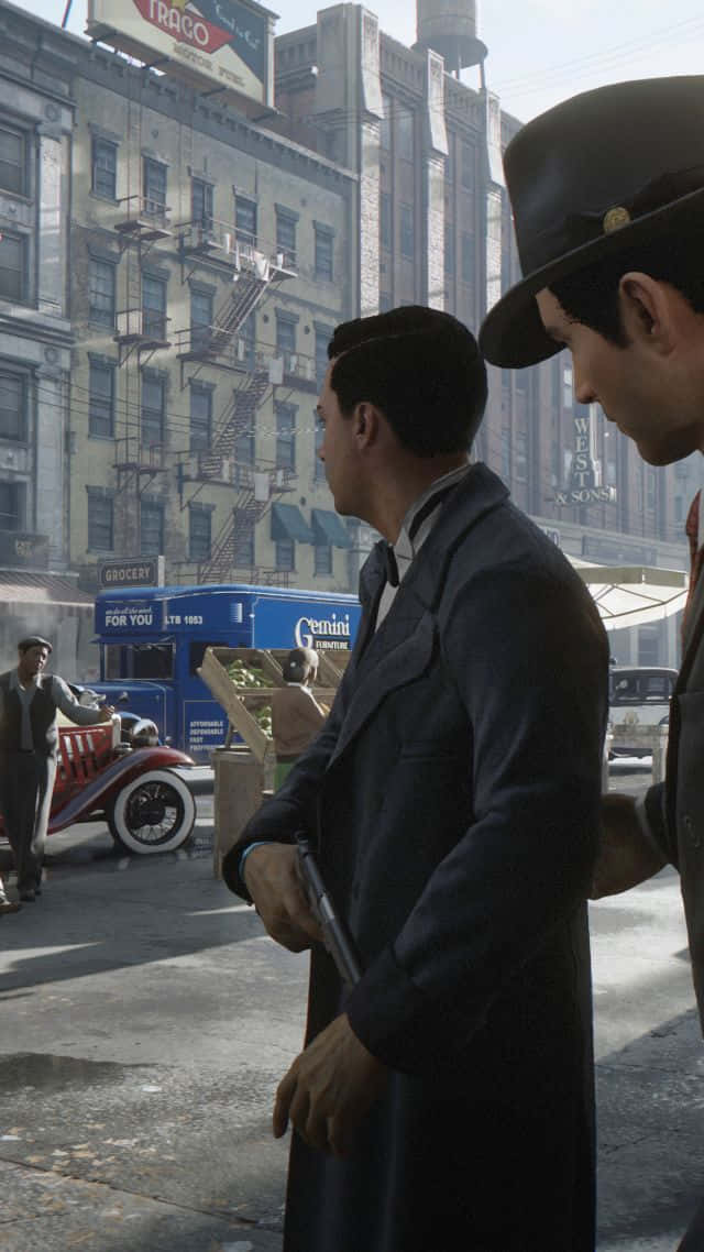 Mafia iPhone, 1930s city street, vintage cars, SD Phone Wallpaper
