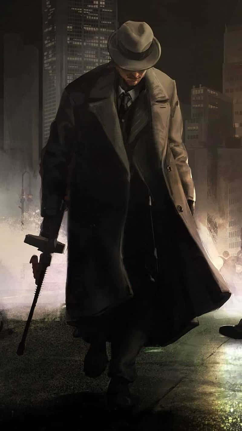 Mafia iPhone, trench-coated detective, rain-slicked city street, HD Phone Wallpaper