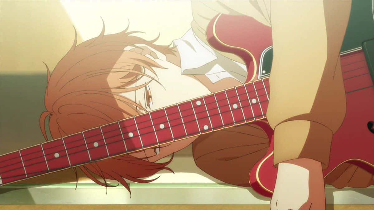 Mafuyu Sato, red electric guitar, soft golden light, SD Desktop Wallpaper