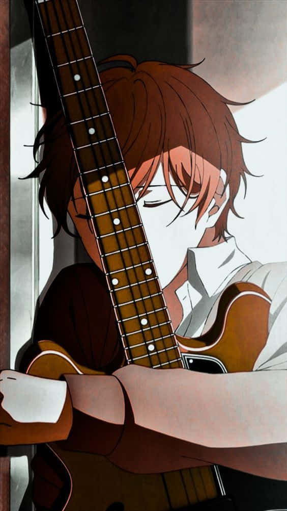 Mafuyu Sato, sunburst electric guitar, dimly lit room, SD Phone Wallpaper