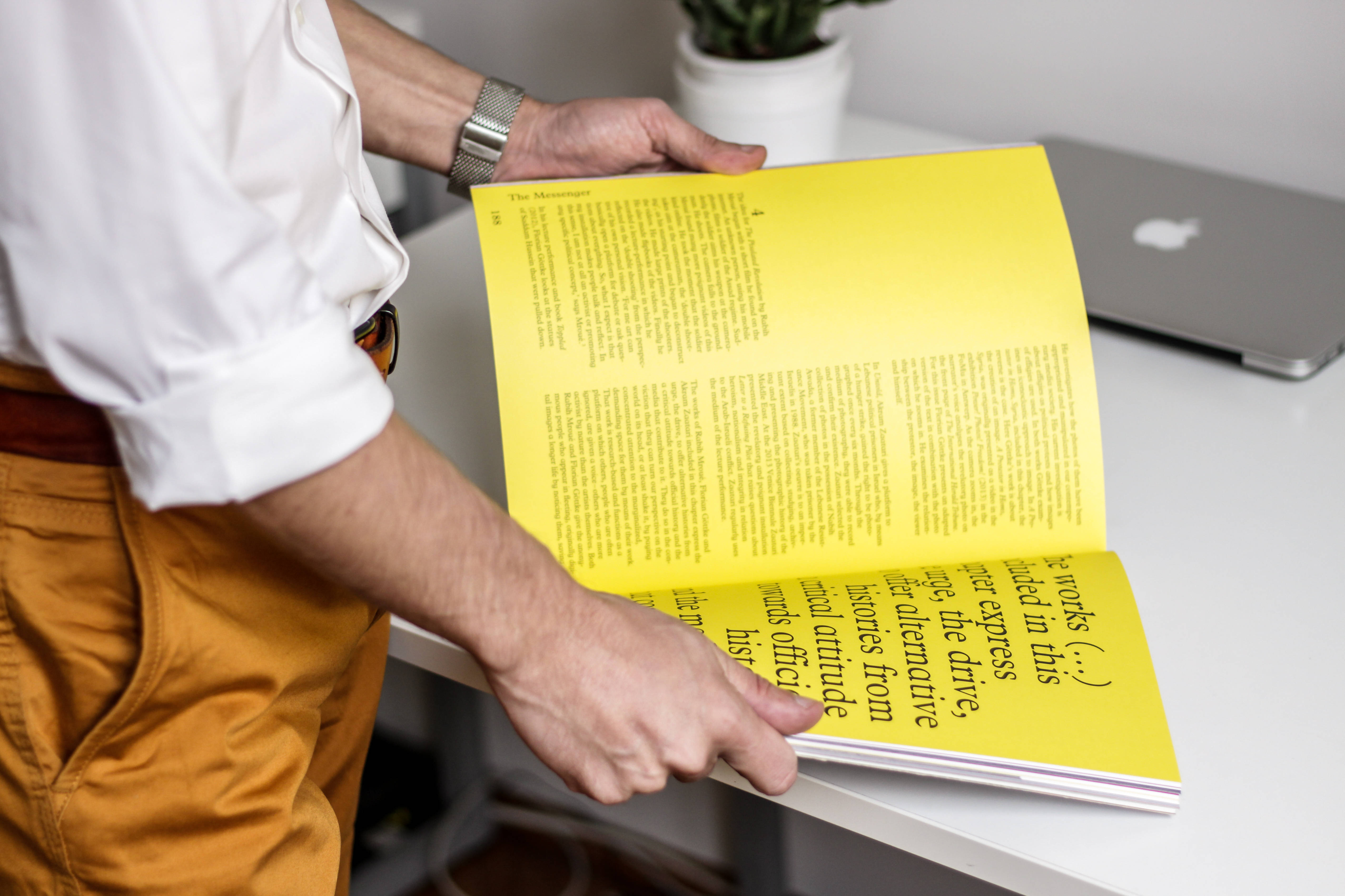 bright yellow pages, white desk, silver laptop, 4K Desktop Wallpaper