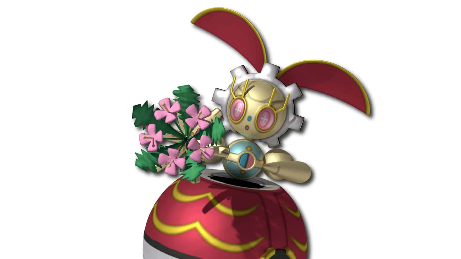 Magearna, red wings, pink flowers, HD Desktop Wallpaper