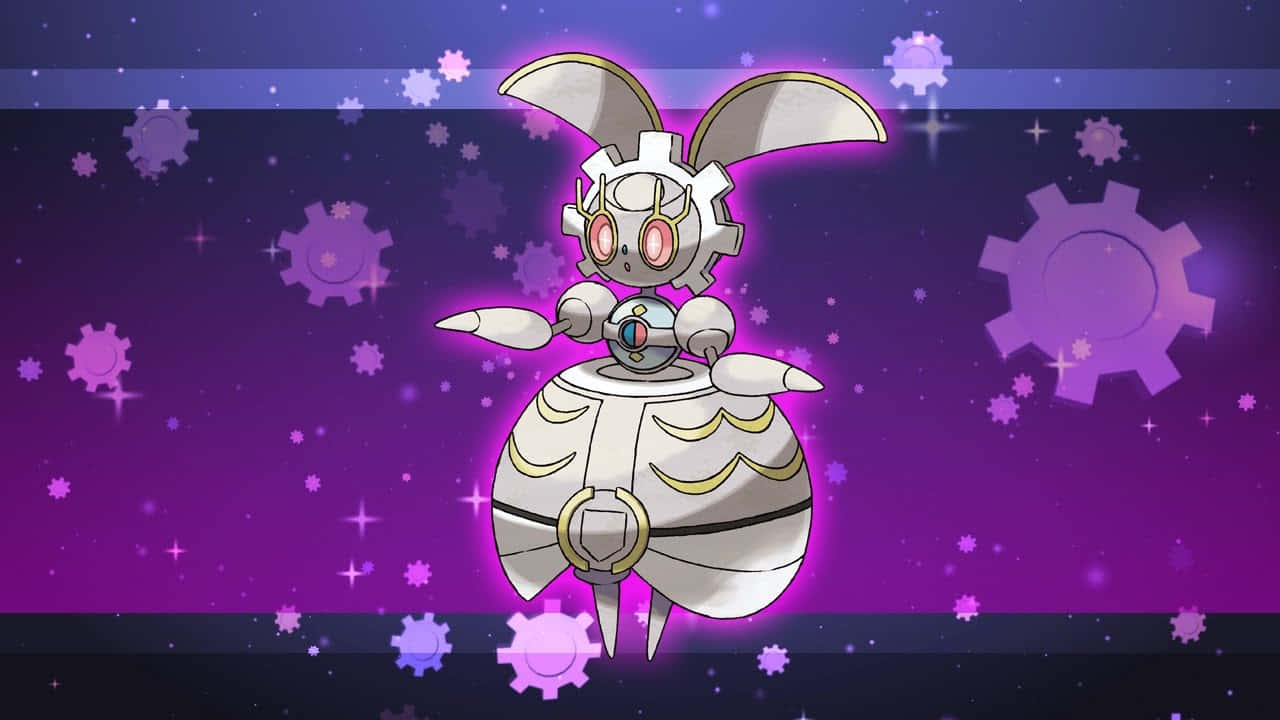 Silver Magearna, glowing purple background, glowing purple gears, HD Desktop Wallpaper