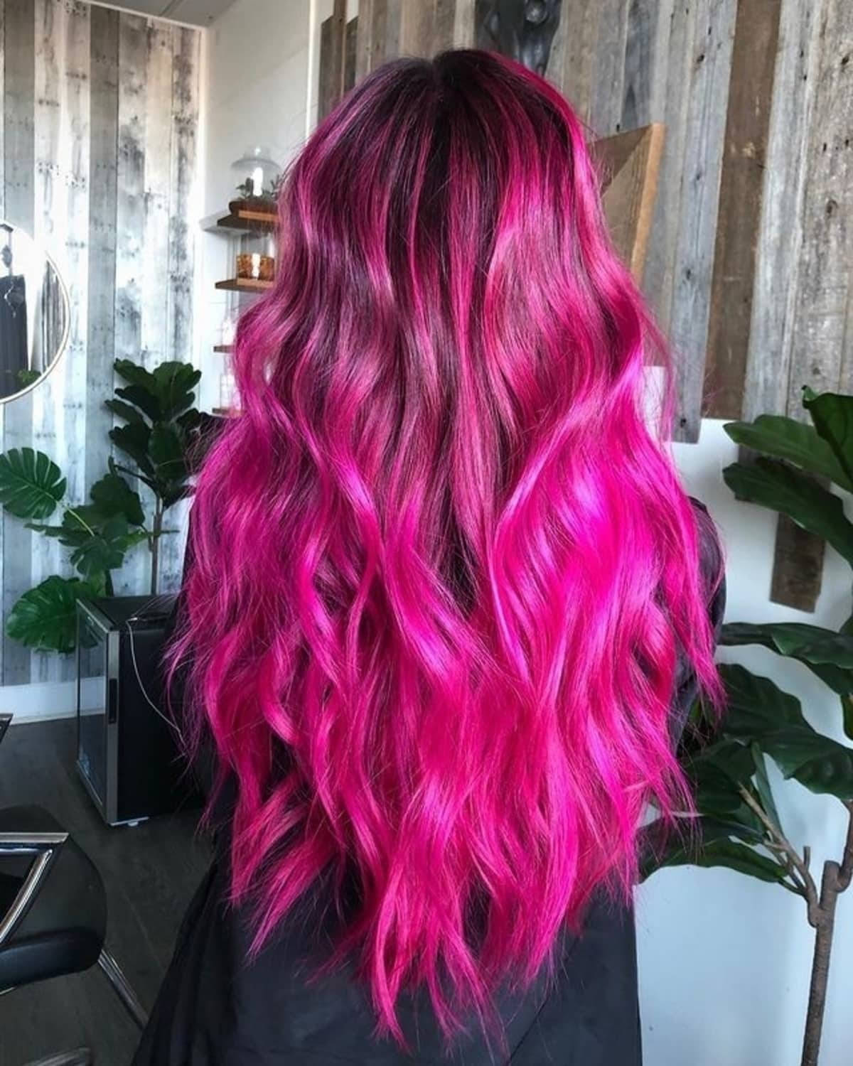 vibrant hot pink wavy hair, modern salon, wooden walls, HD Phone Wallpaper