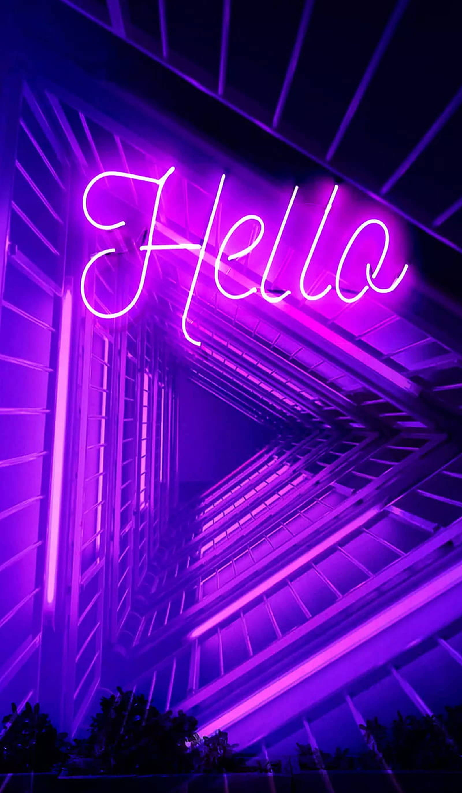 Hello Magenta LED Light, purple neon sign, geometrically patterned urban alley, 2K Phone Wallpaper