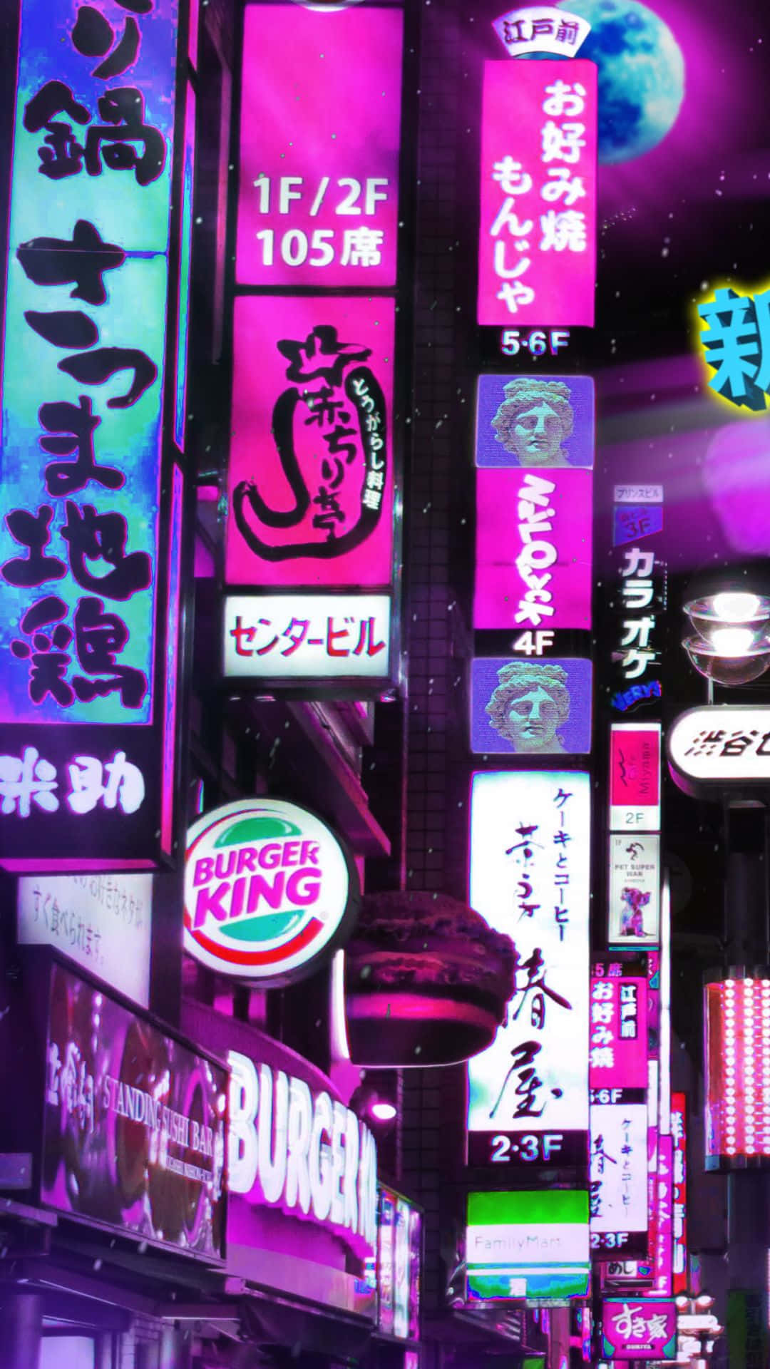 magenta neon lights, urban scene, starry night sky, Full HD Phone Wallpaper