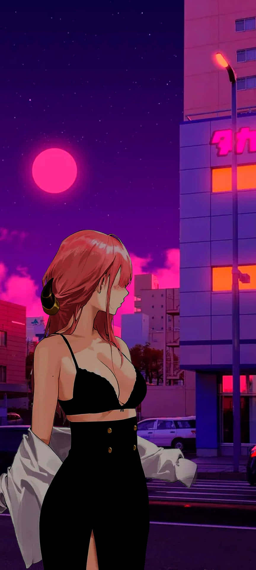 Magenta Sunset Cityscape, anime style, red-haired anime girl, Full HD Phone Wallpaper