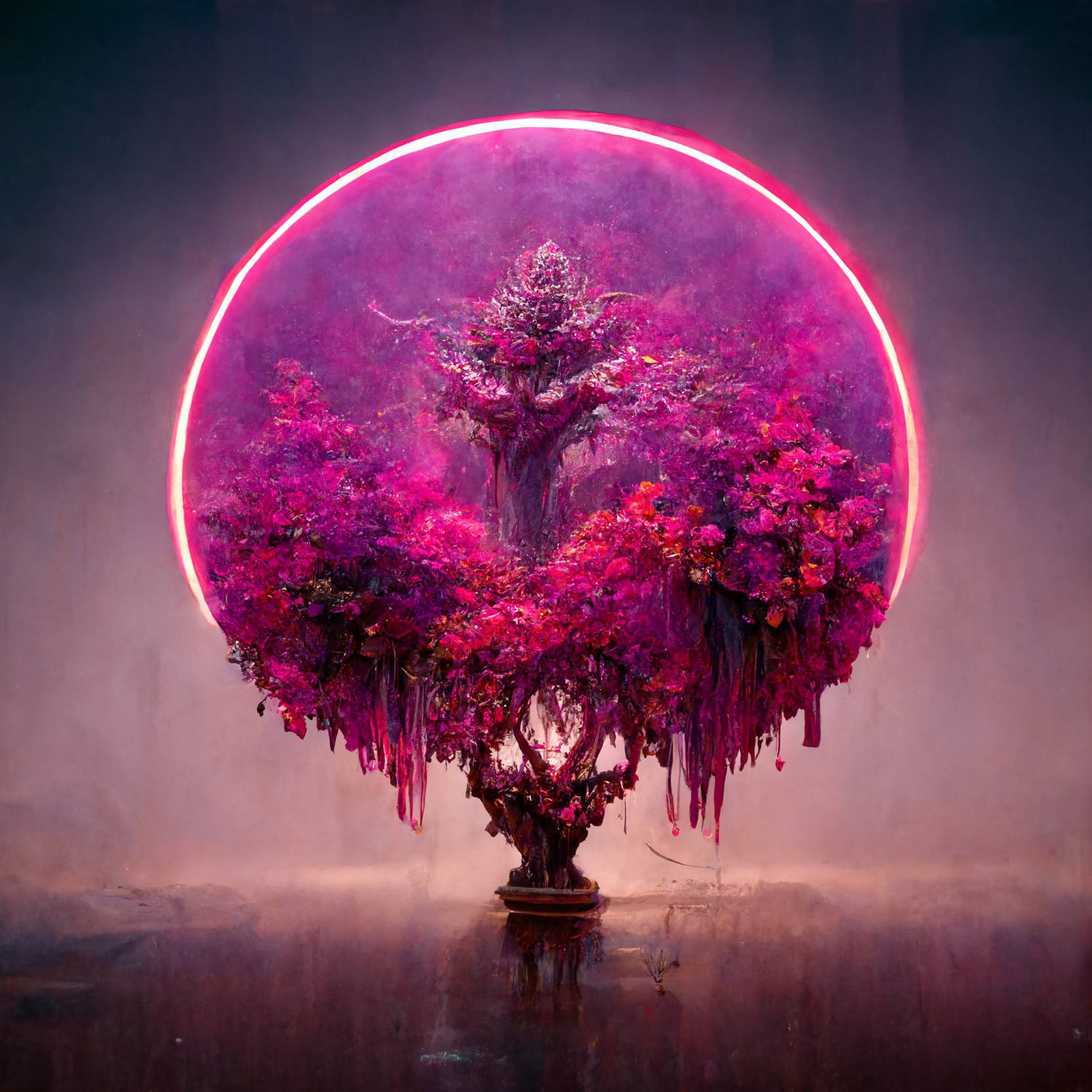 magenta tree, glowing pink ring, misty dark background, HD Desktop Wallpaper