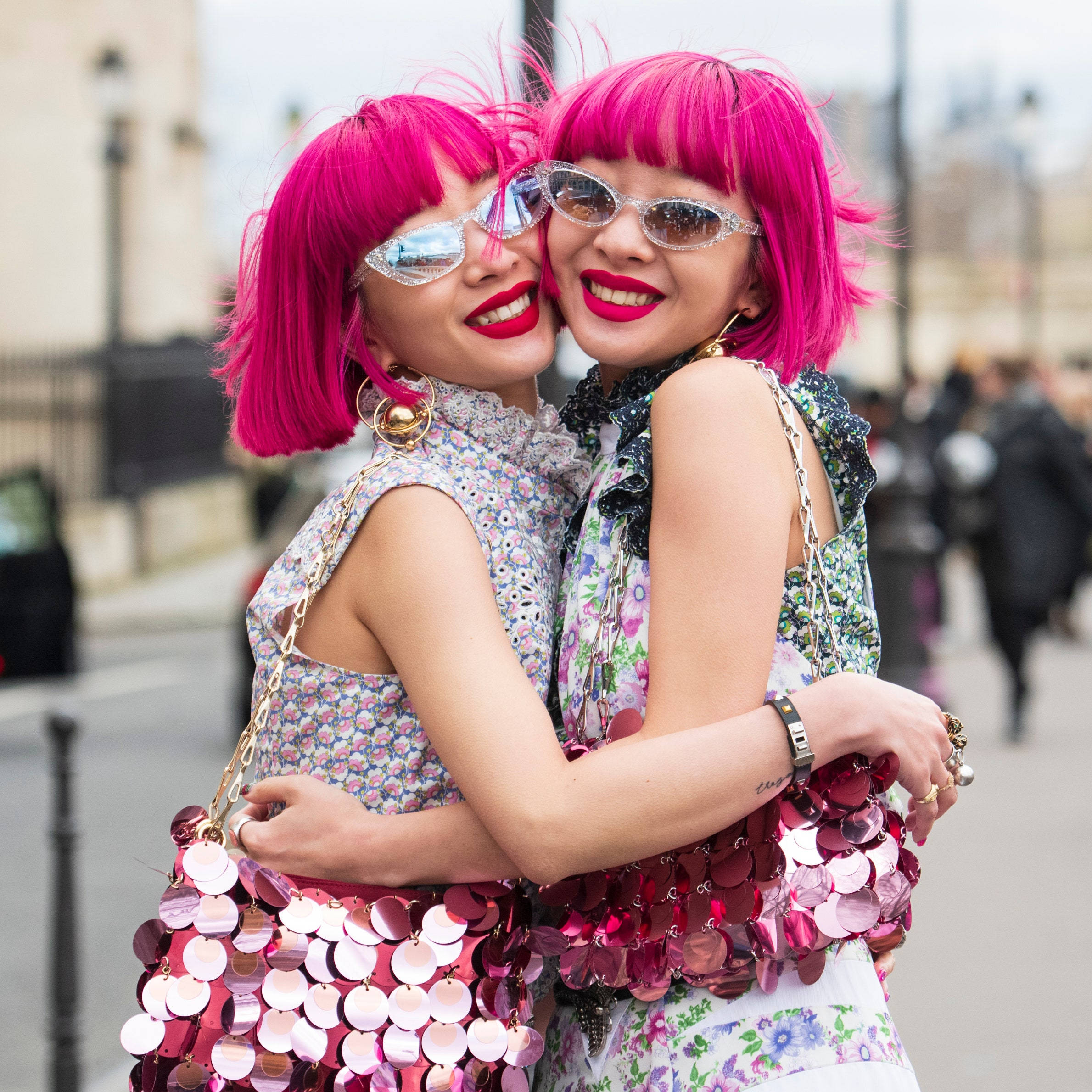 magenta hair, sunglasses, floral tops, Full HD Desktop Wallpaper