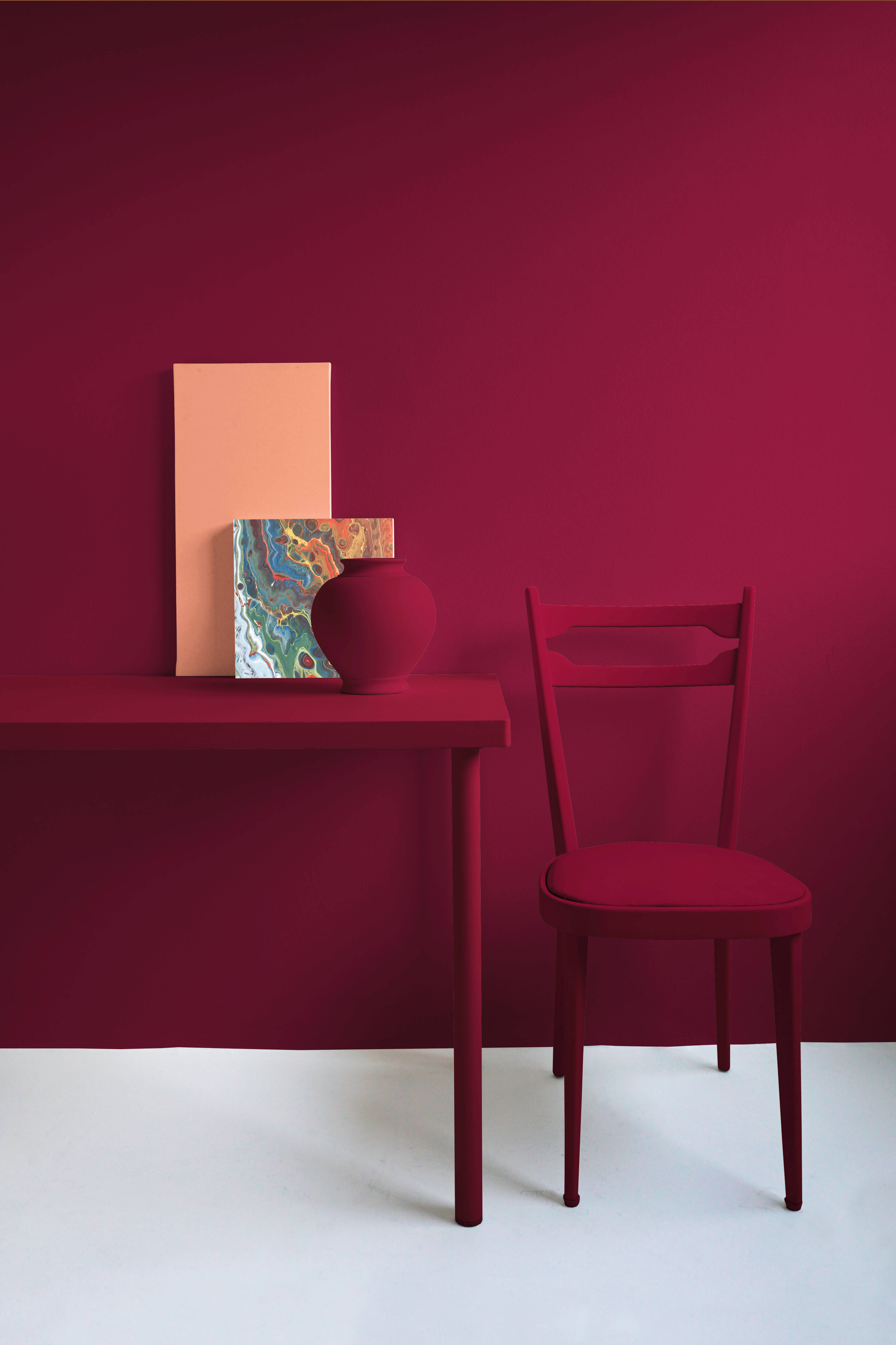 magenta wall, deep red chair, matching table, 5K Phone Wallpaper