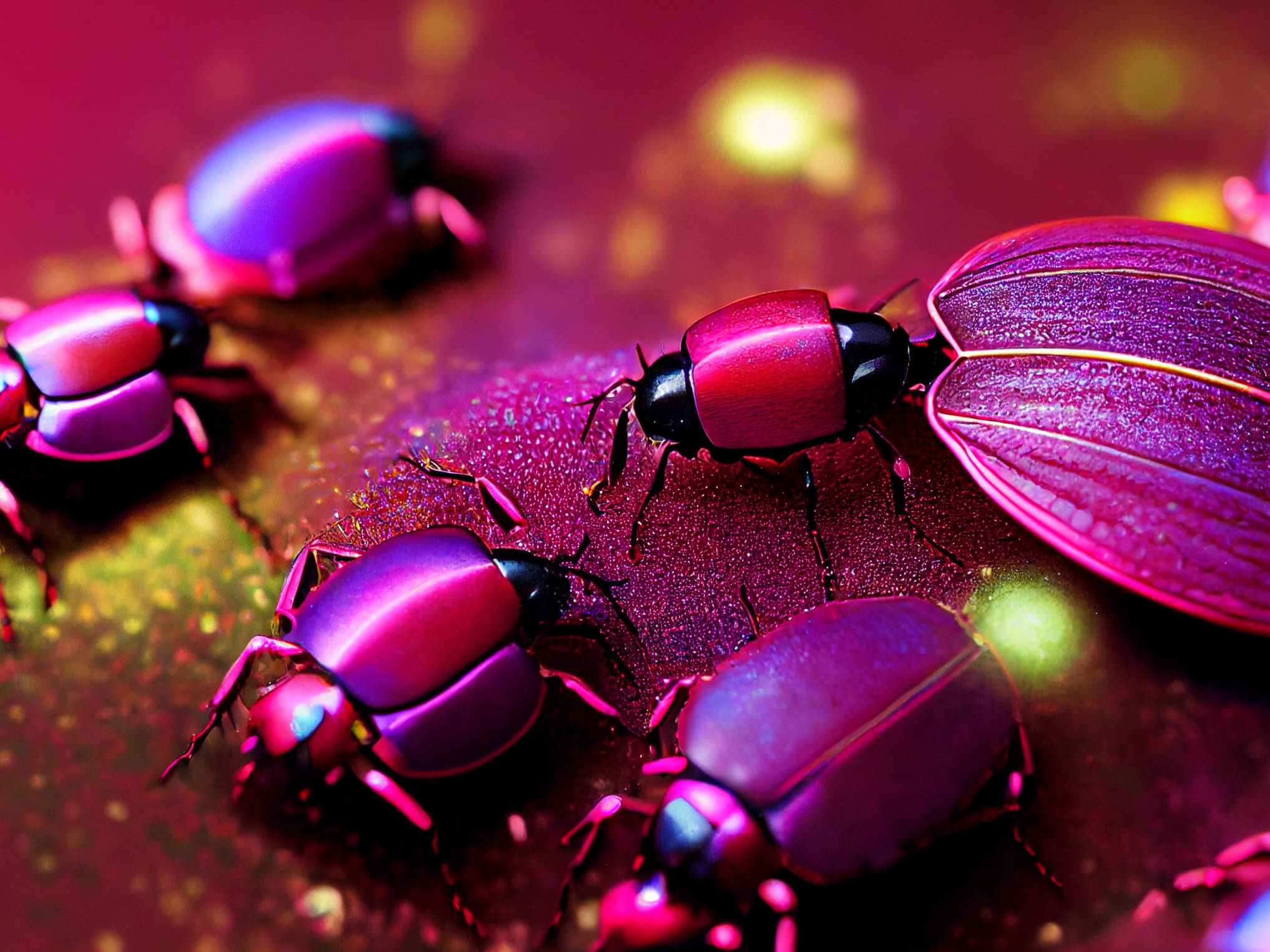 glossy magenta insects, shiny metallic beetles, vivid magenta and purple hues, Full HD Desktop Wallpaper