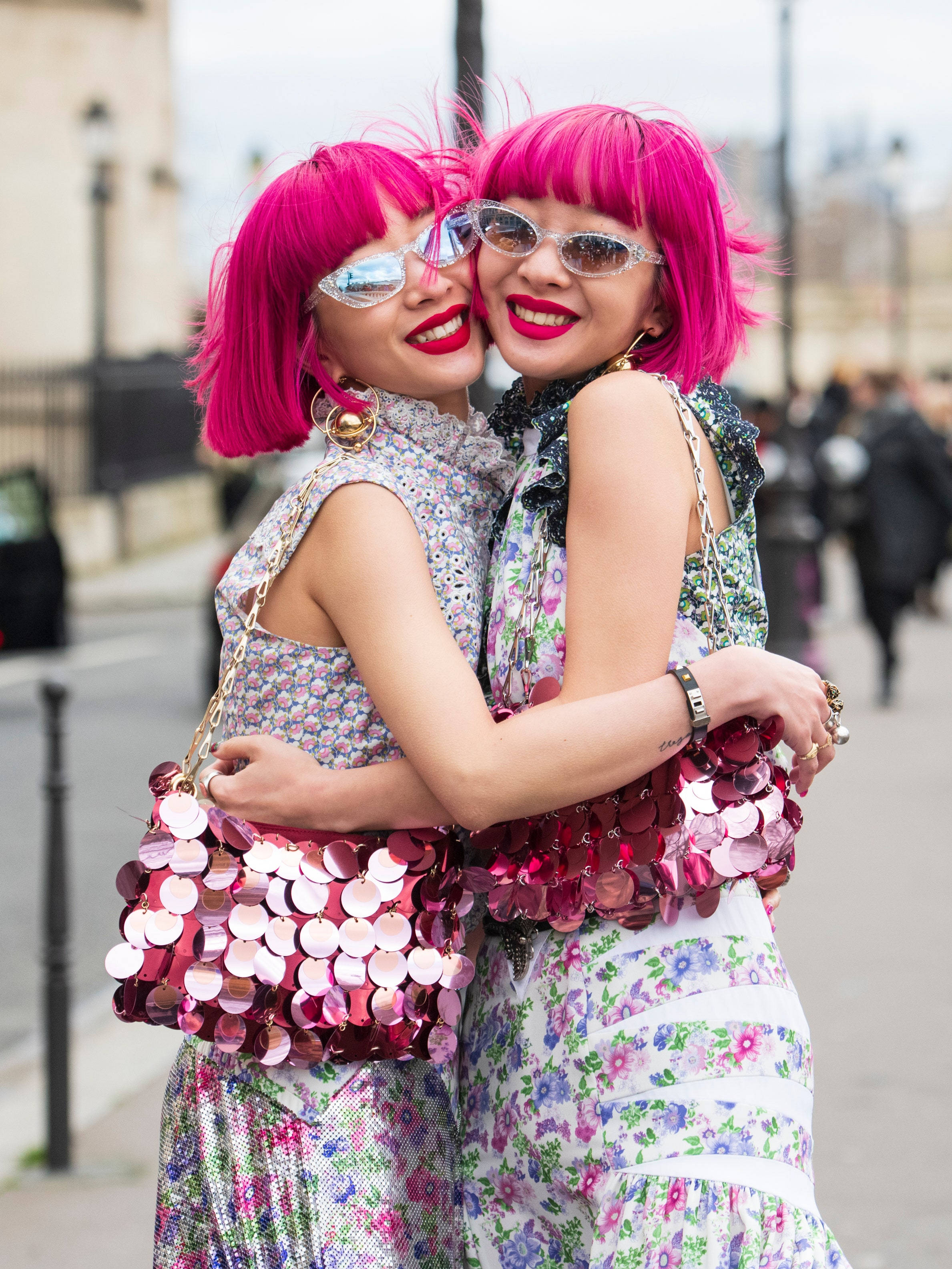 magenta hair, sunglasses, city street, 2K Phone Wallpaper