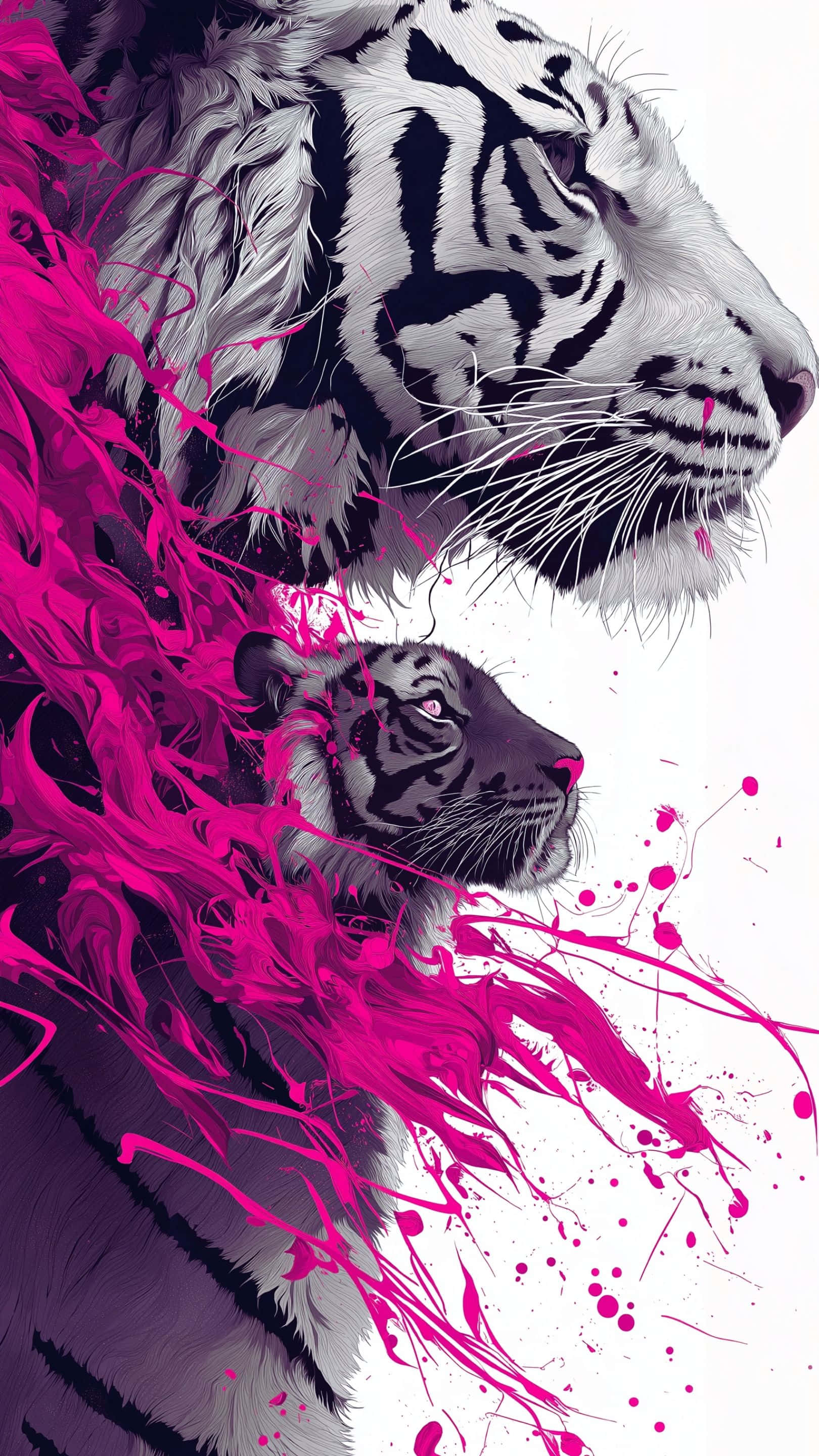 white tiger, cub, vibrant magenta paint splatters, 2K Phone Wallpaper