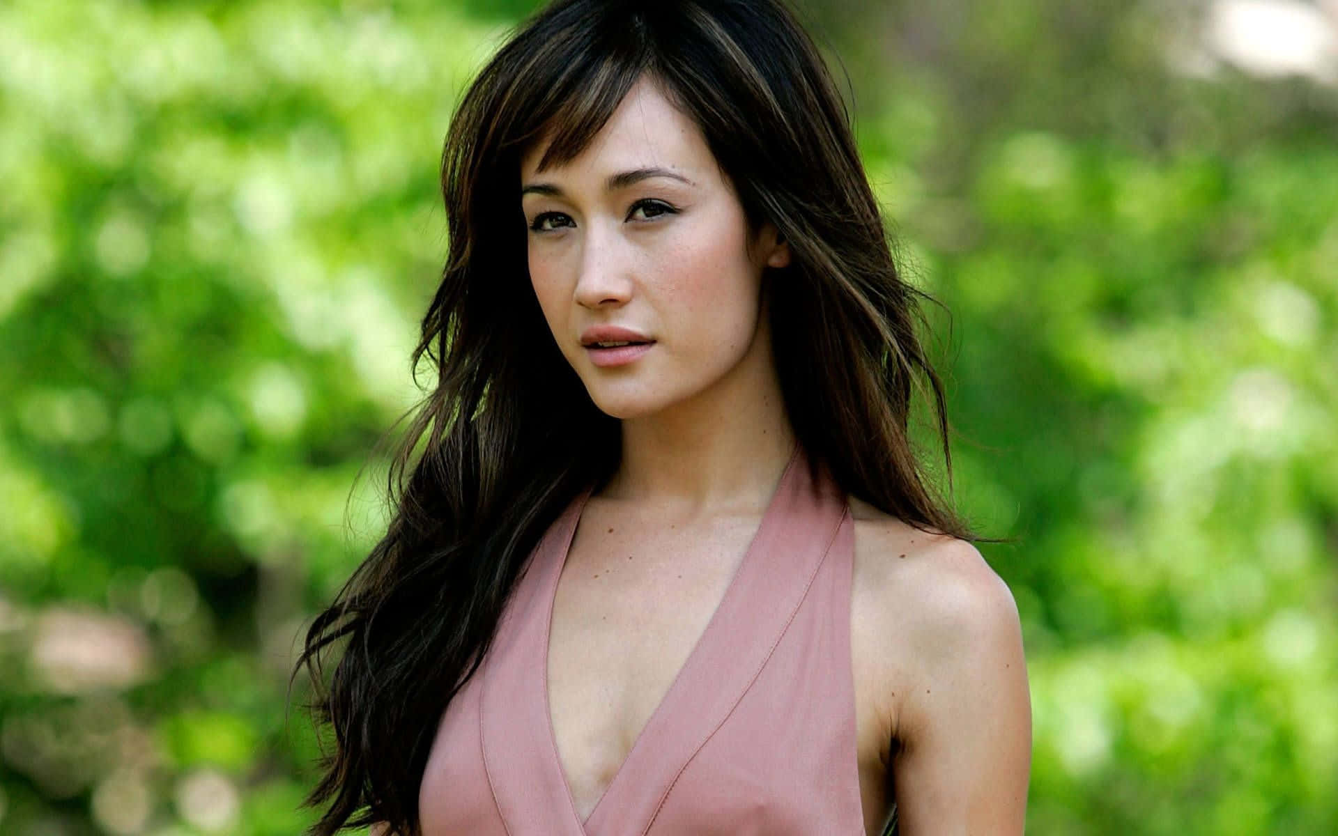 Maggie Q, long dark hair, pink top, Full HD Desktop Wallpaper