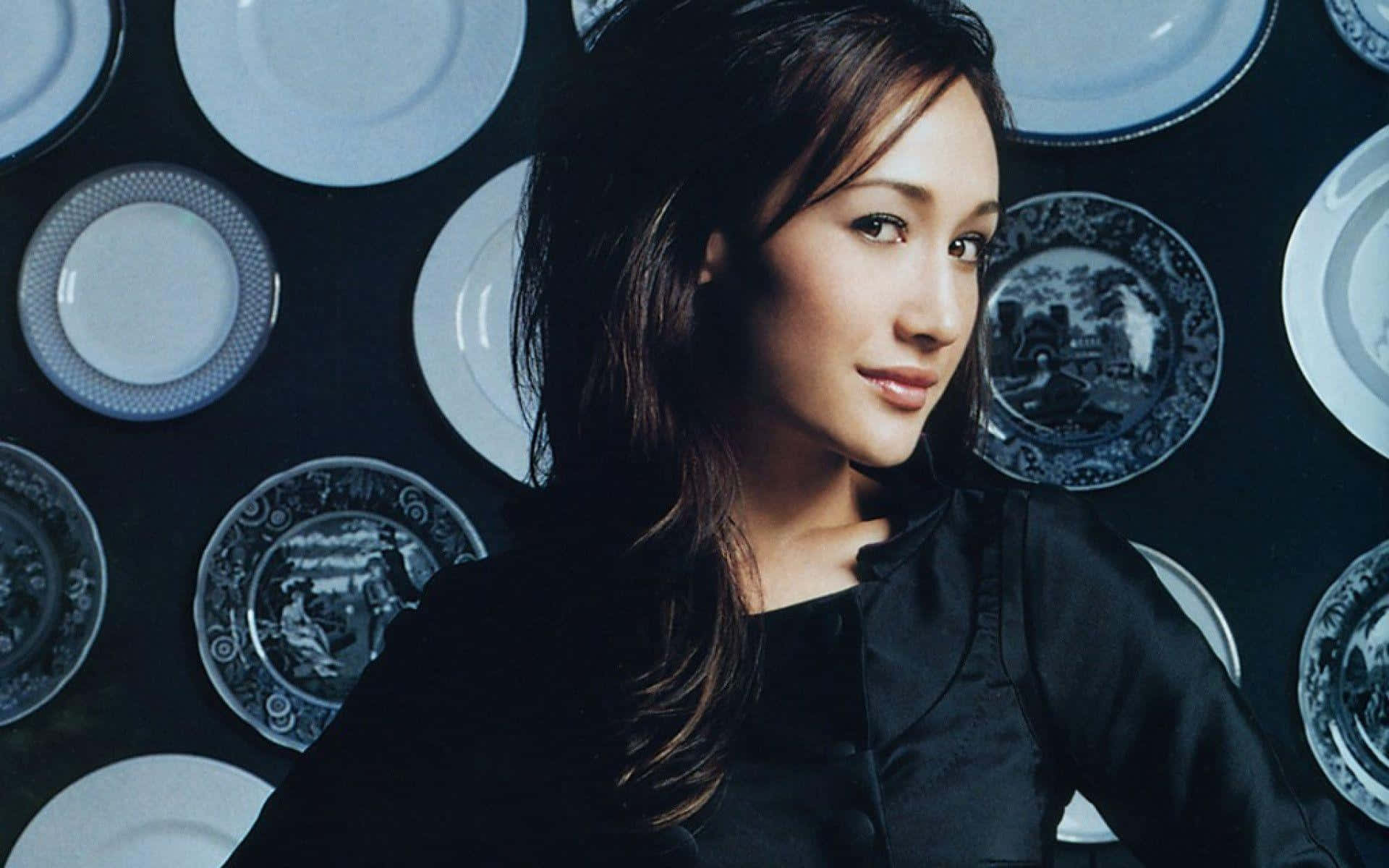 Maggie Q, black blouse, dark wall, Full HD Desktop Wallpaper