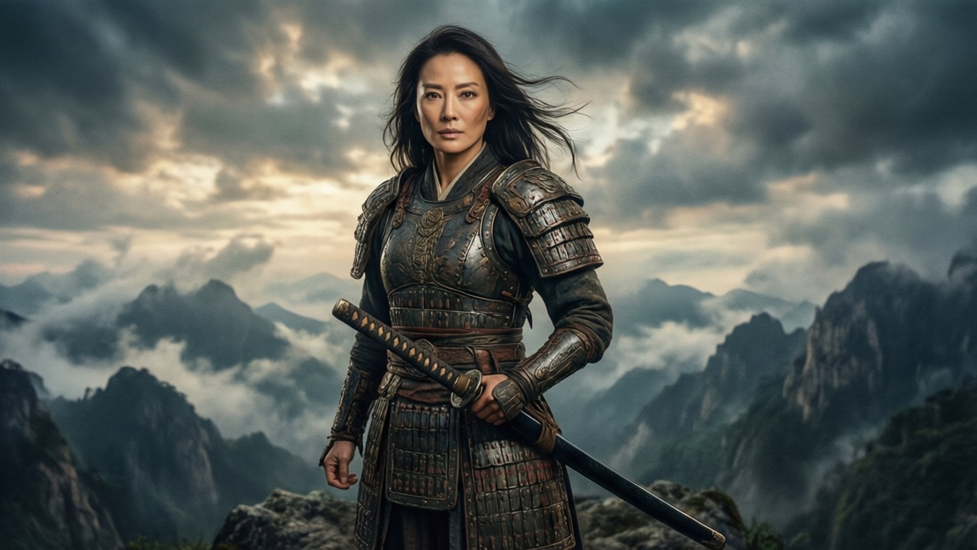Maggie Q, fantasy warrior, katana, Full HD Desktop Wallpaper