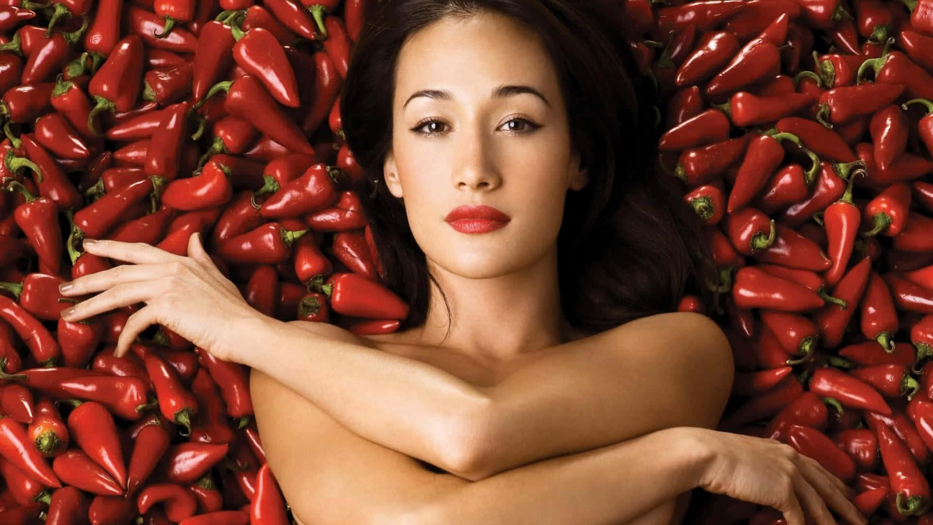 Maggie Q, dark hair, red lips, Full HD Desktop Wallpaper