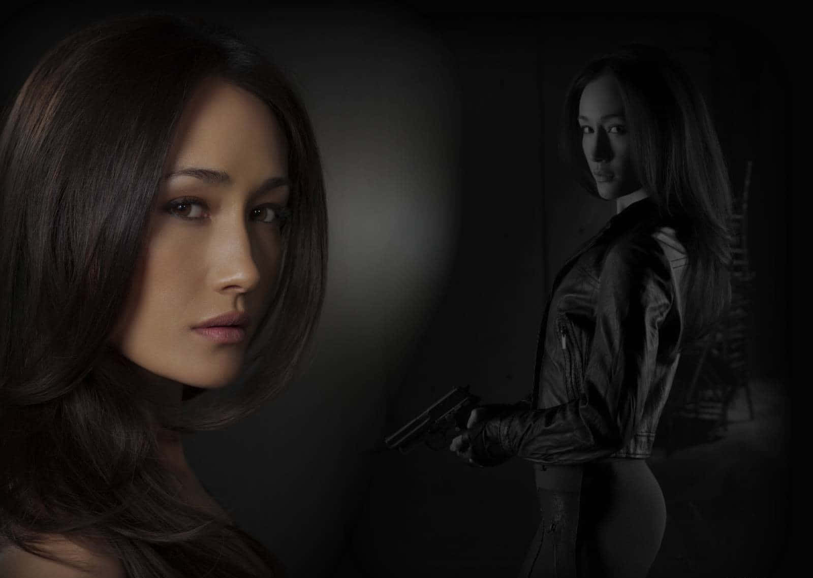 Maggie Q, black outfit, gun, HD Desktop Wallpaper