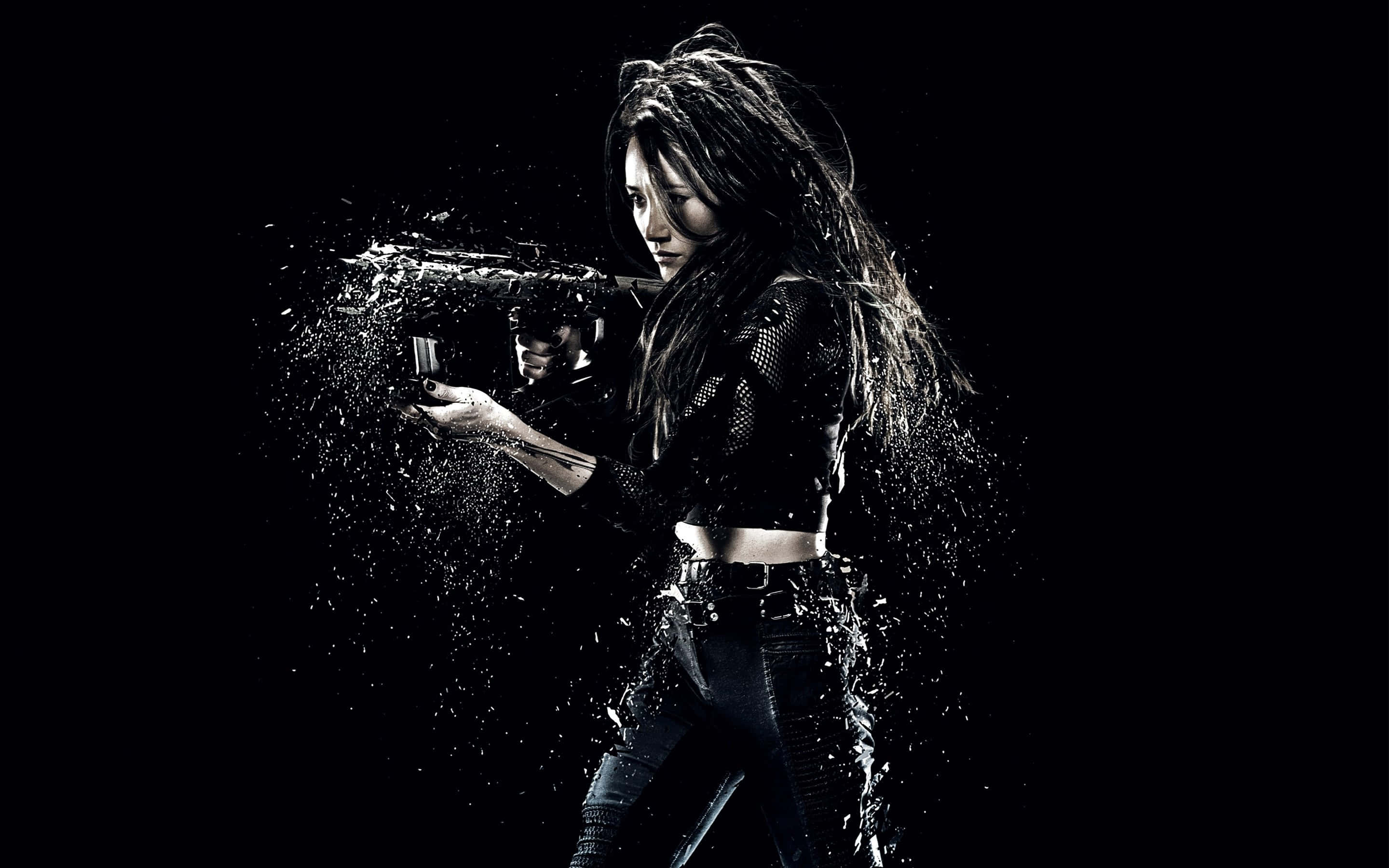 Maggie Q, dark attire, black background, 2K Desktop Wallpaper