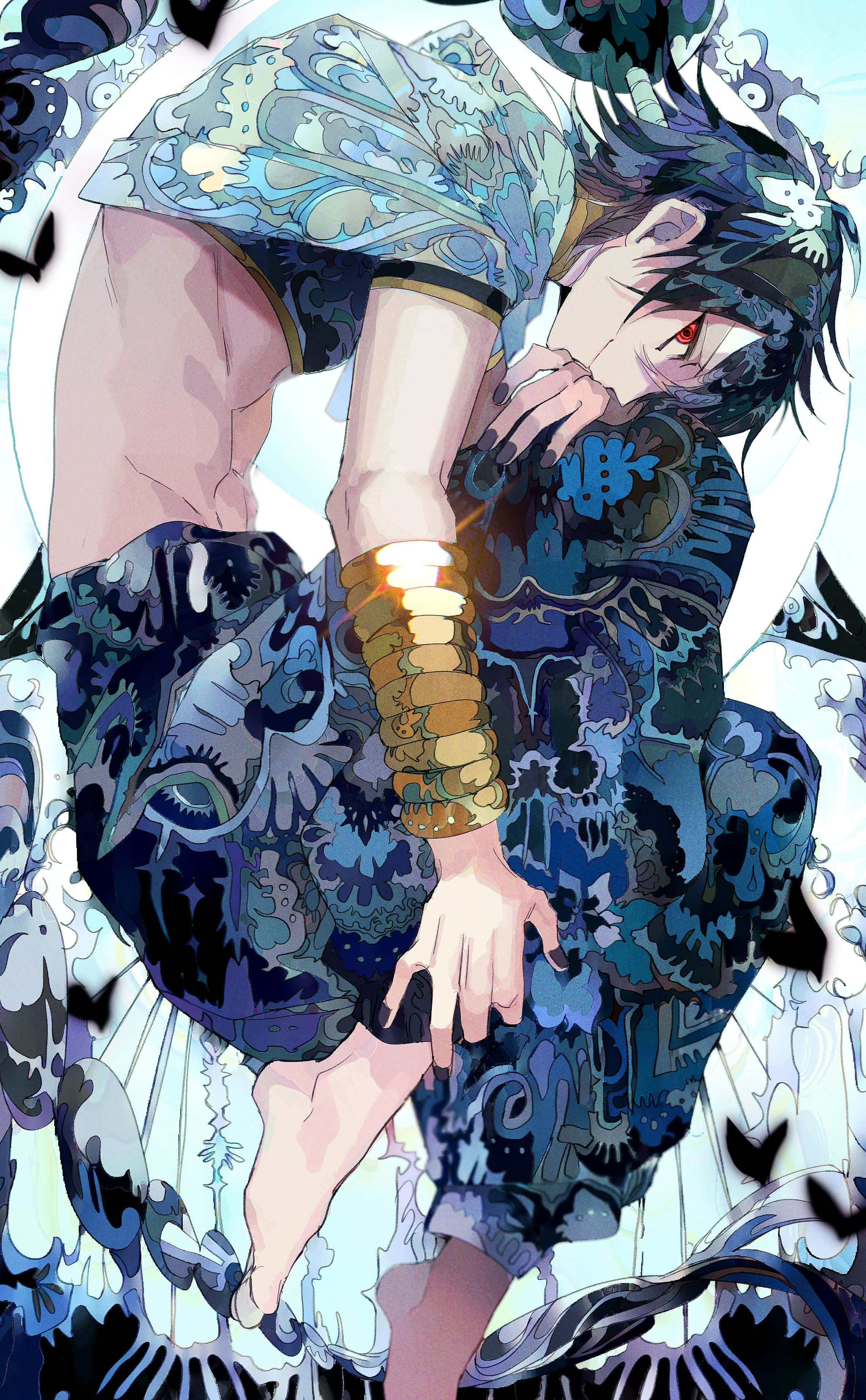 Magi Judar, red eyes, dark blue patterned clothing, 2K Phone Wallpaper