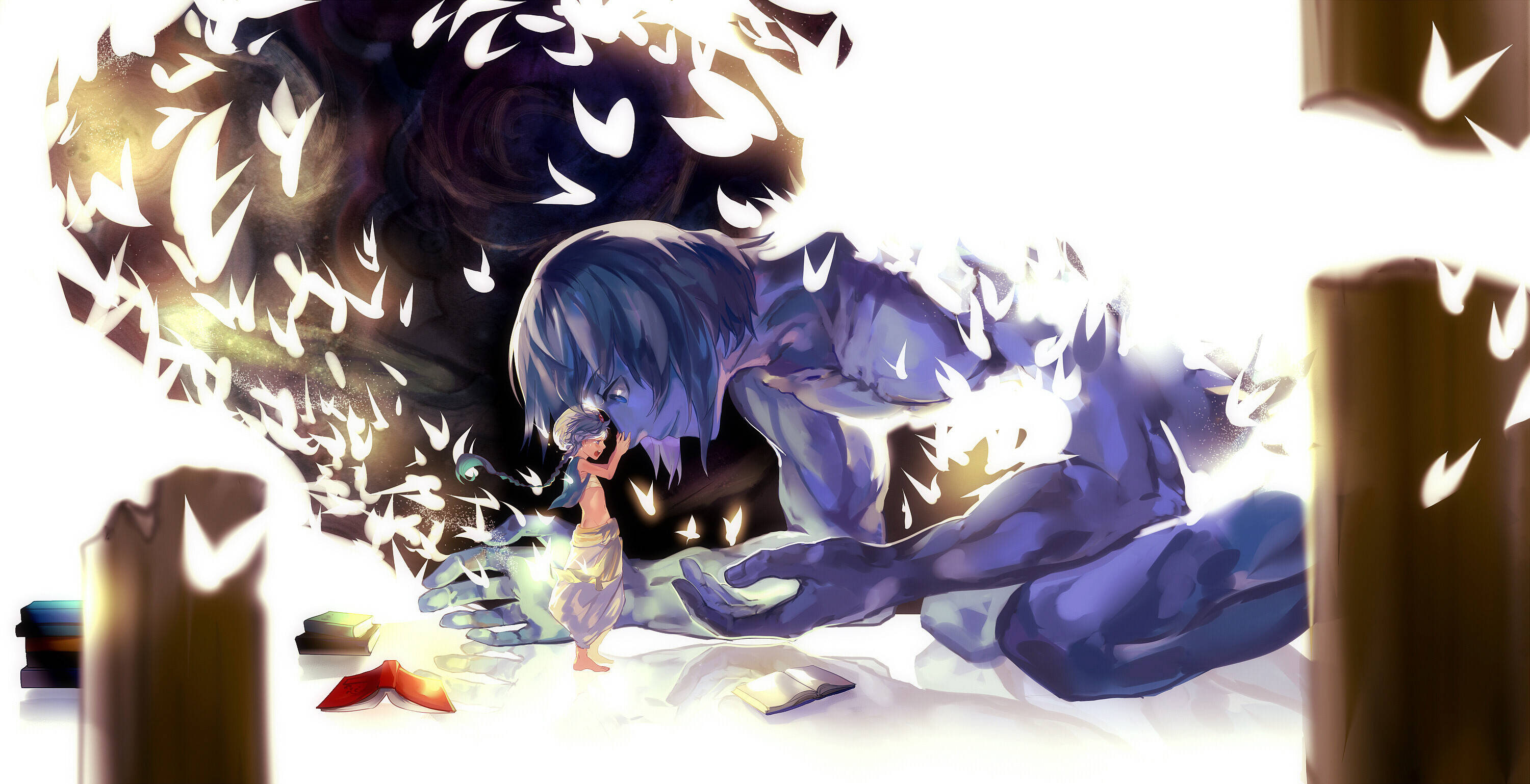 Magi The Kingdom Of Magic, blue-haired figure, white bird-like spirits, 2K Desktop Wallpaper