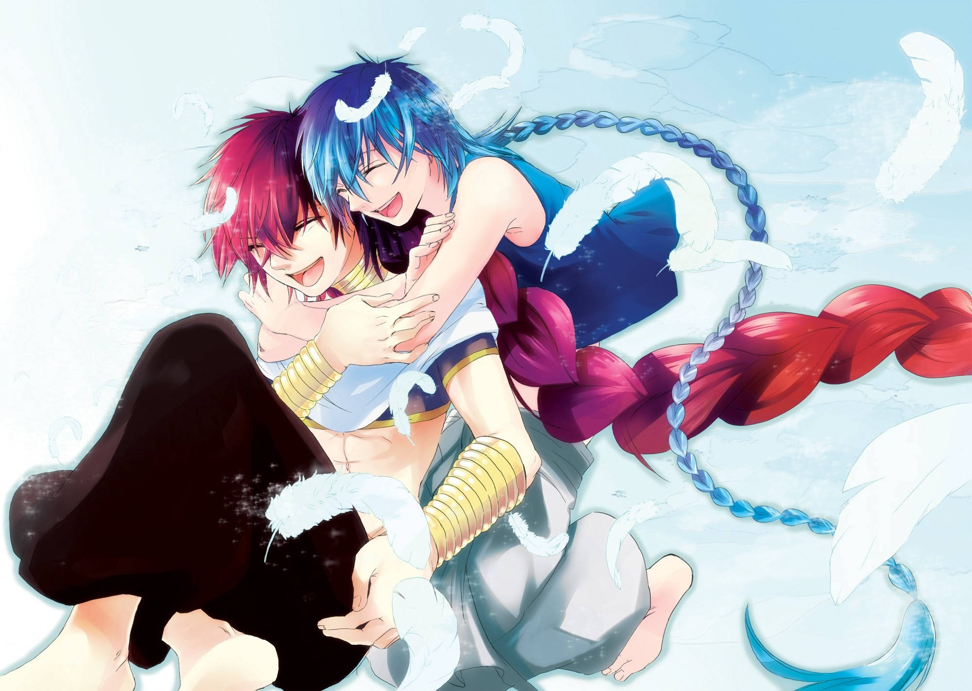 Magi The Kingdom Of Magic, red and blue braided hair, swirling white feathers, Full HD Desktop Wallpaper