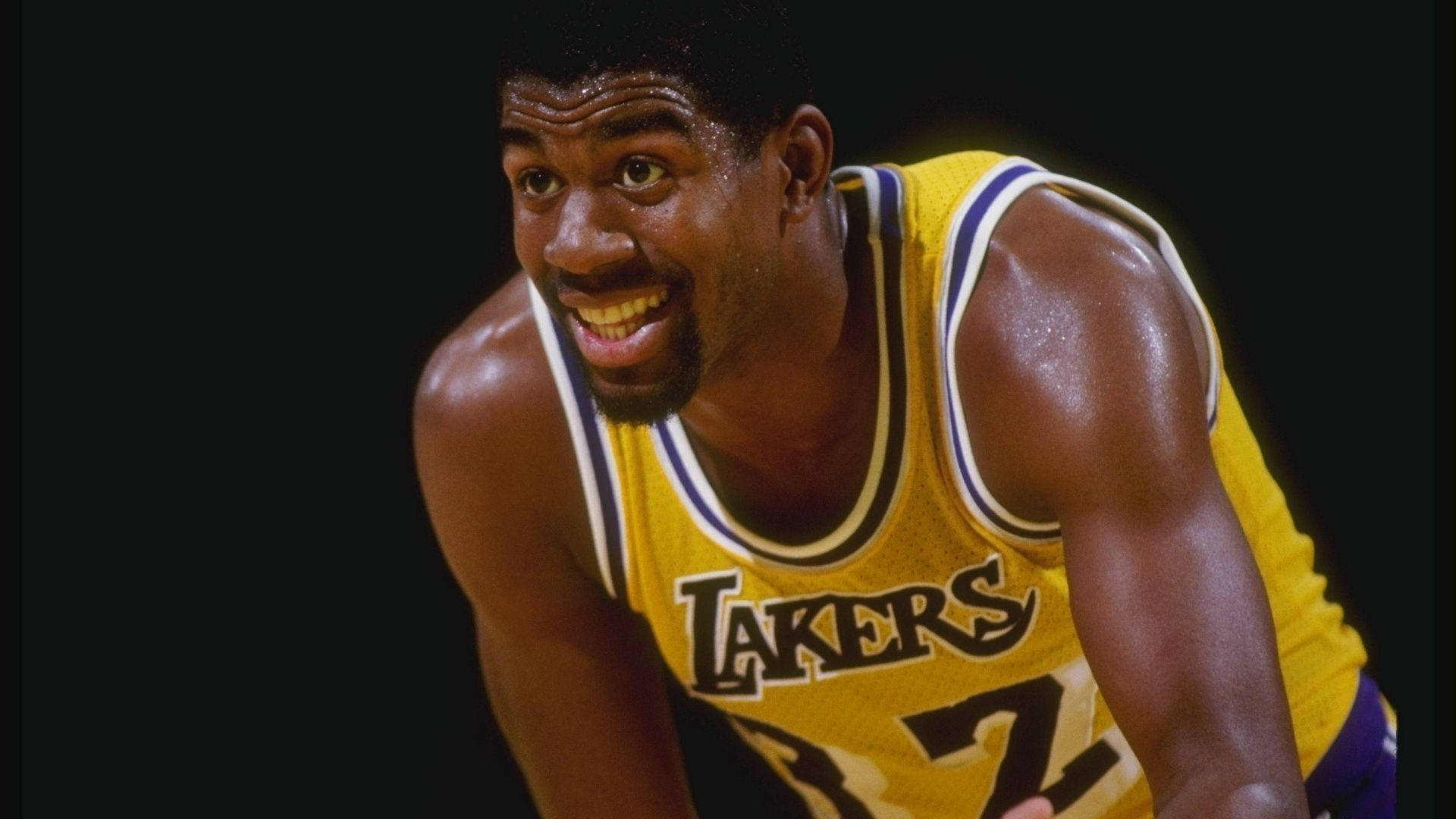 Magic Johnson, yellow Lakers jersey, black background, Full HD Desktop Wallpaper