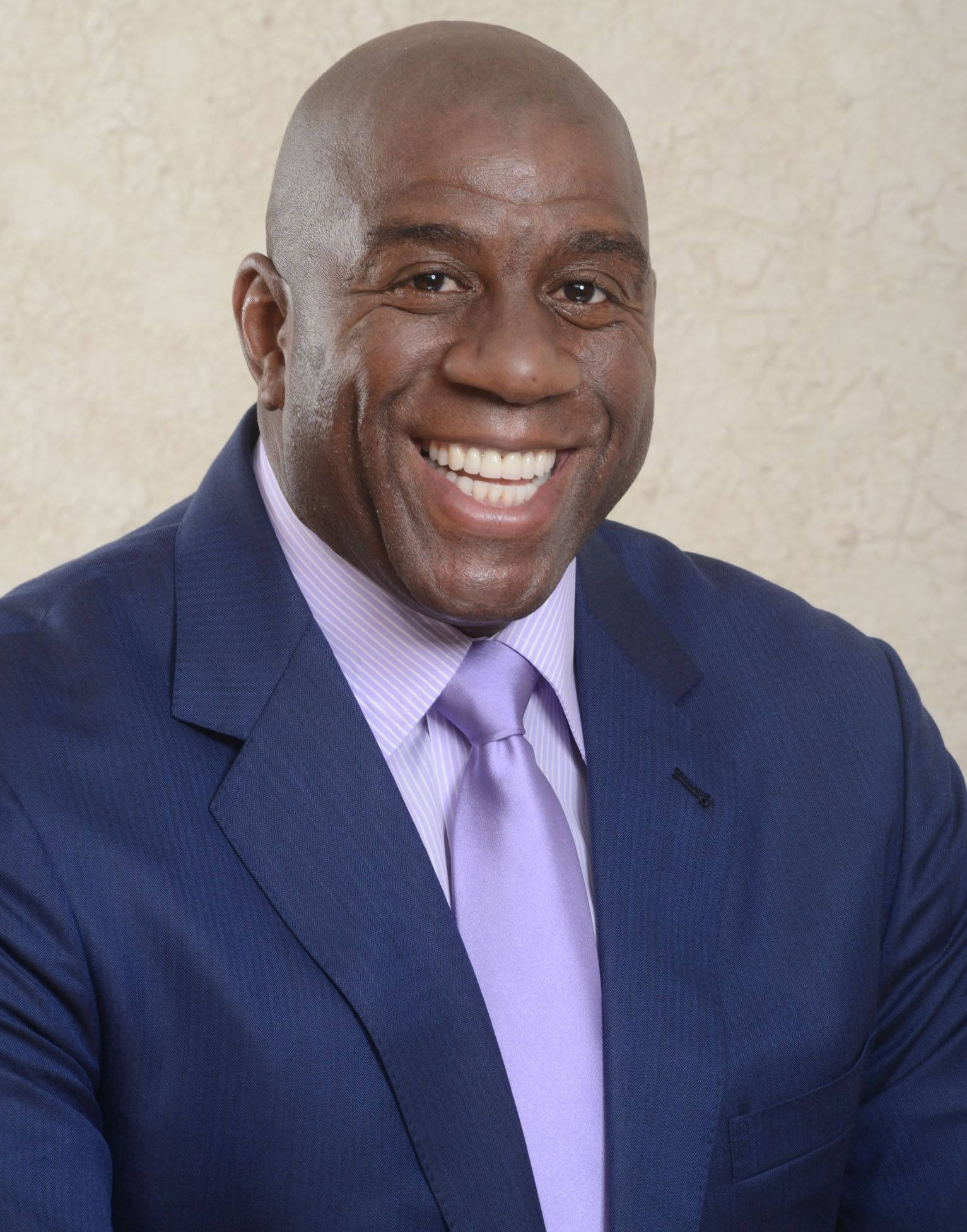 Magic Johnson, blue suit, lavender tie, Full HD Phone Wallpaper