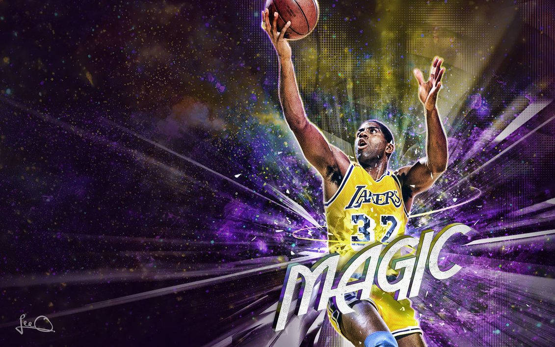 Magic Johnson, yellow Lakers jersey, cosmic purple and gold particle burst, SD Desktop Wallpaper