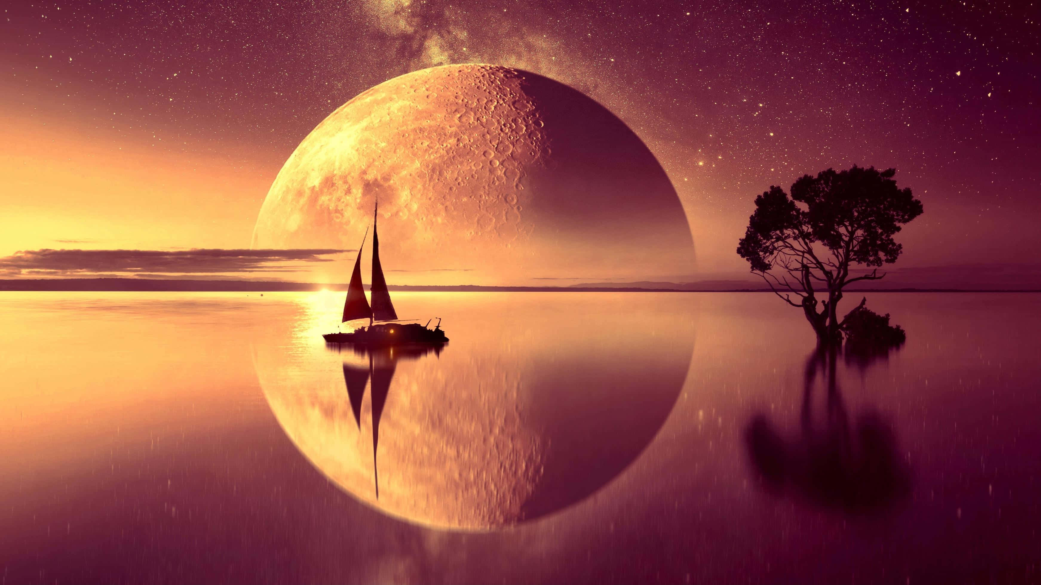 Magic Moon, sailboat, glassy lake, 2K Desktop Wallpaper