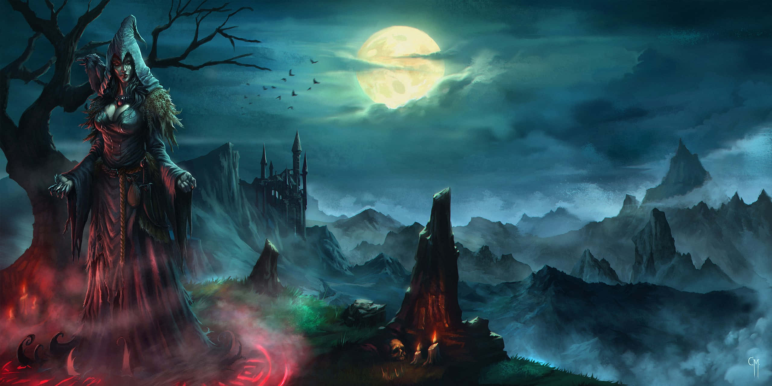 Magic Moon, moonlit castle, misty mountain valley, 2K Desktop Wallpaper