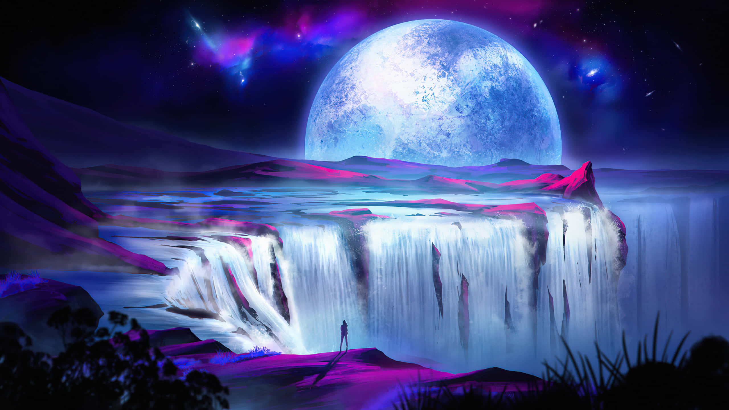 Magic Moon, blue moon, glowing waterfall, 2K Desktop Wallpaper