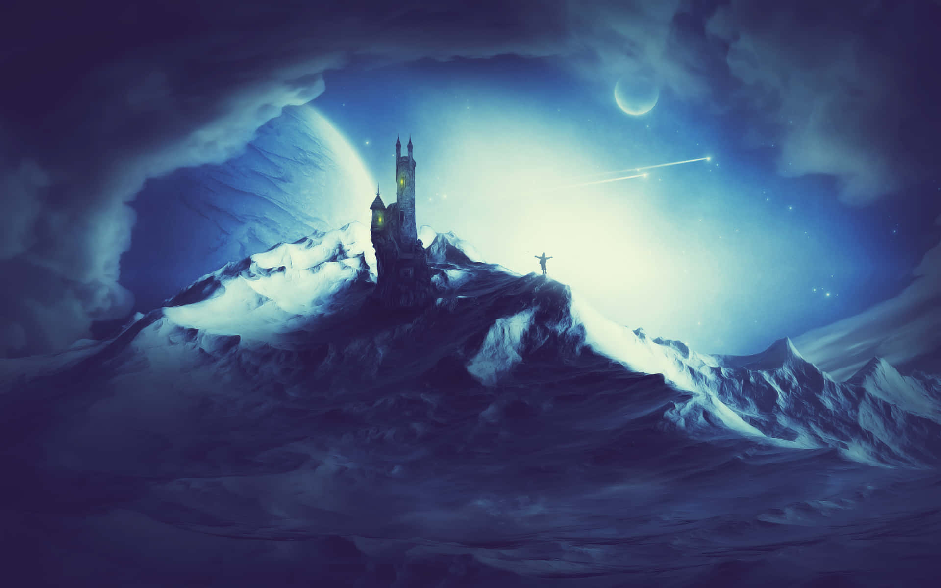 Magic Moon, castle, snowcapped mountain, Full HD Desktop Wallpaper