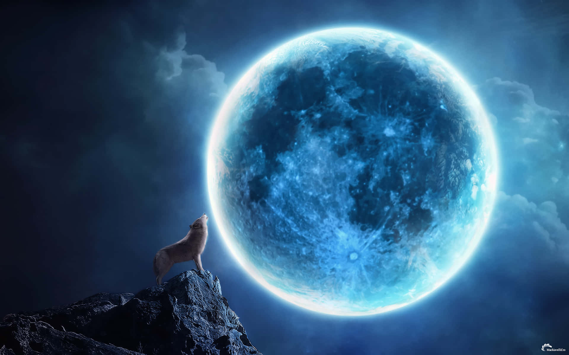 Magic Moon, glowing blue moon, rocky cliff, Full HD Desktop Wallpaper