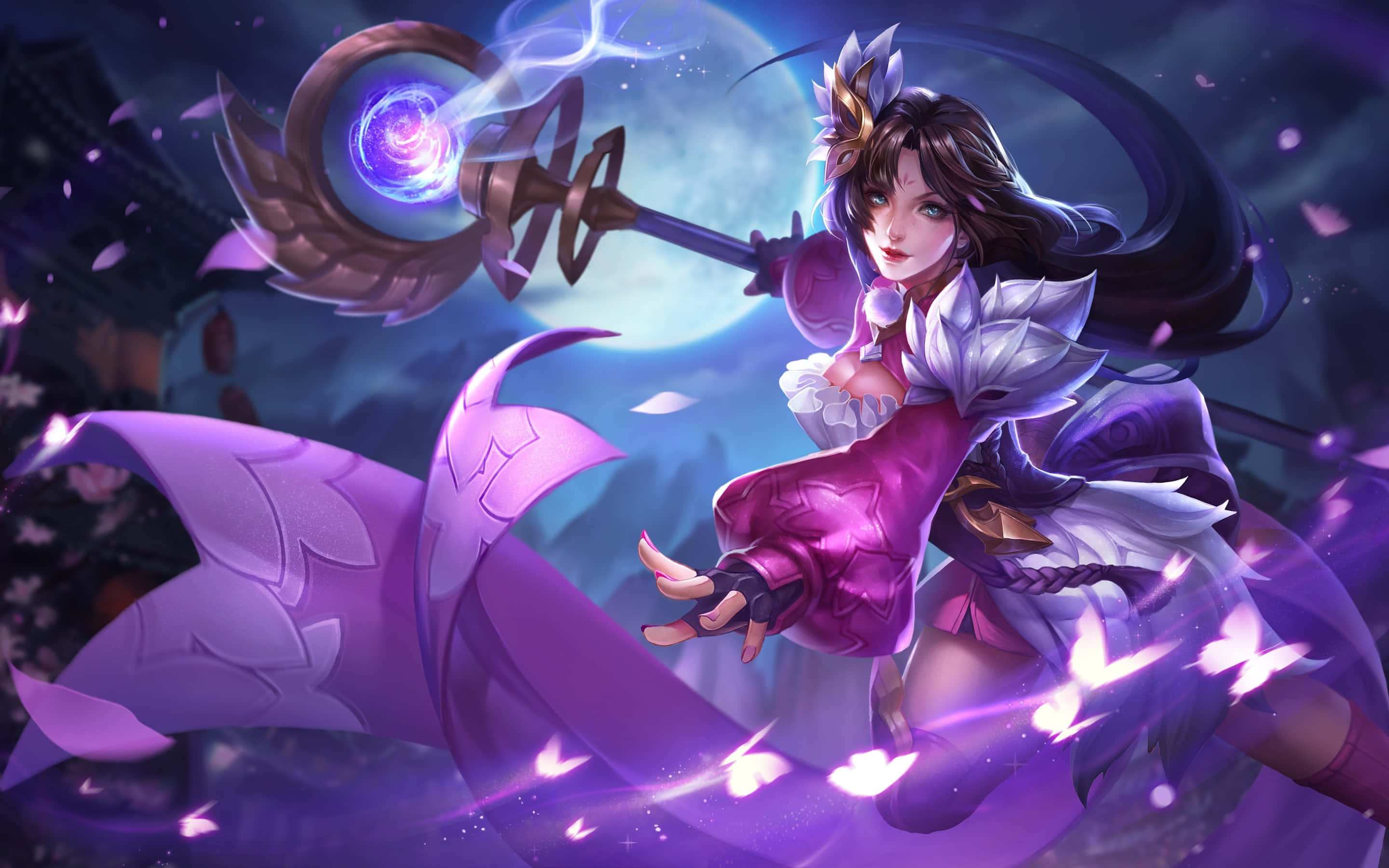 Magic Moon, purple armor, glowing staff, 2K Desktop Wallpaper