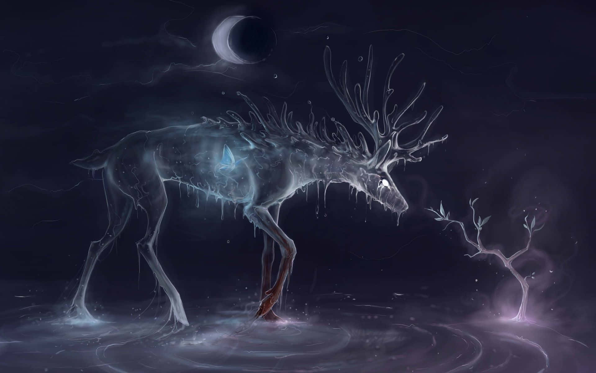 Magic Moon, crescent moon, glowing antlers, Full HD Desktop Wallpaper