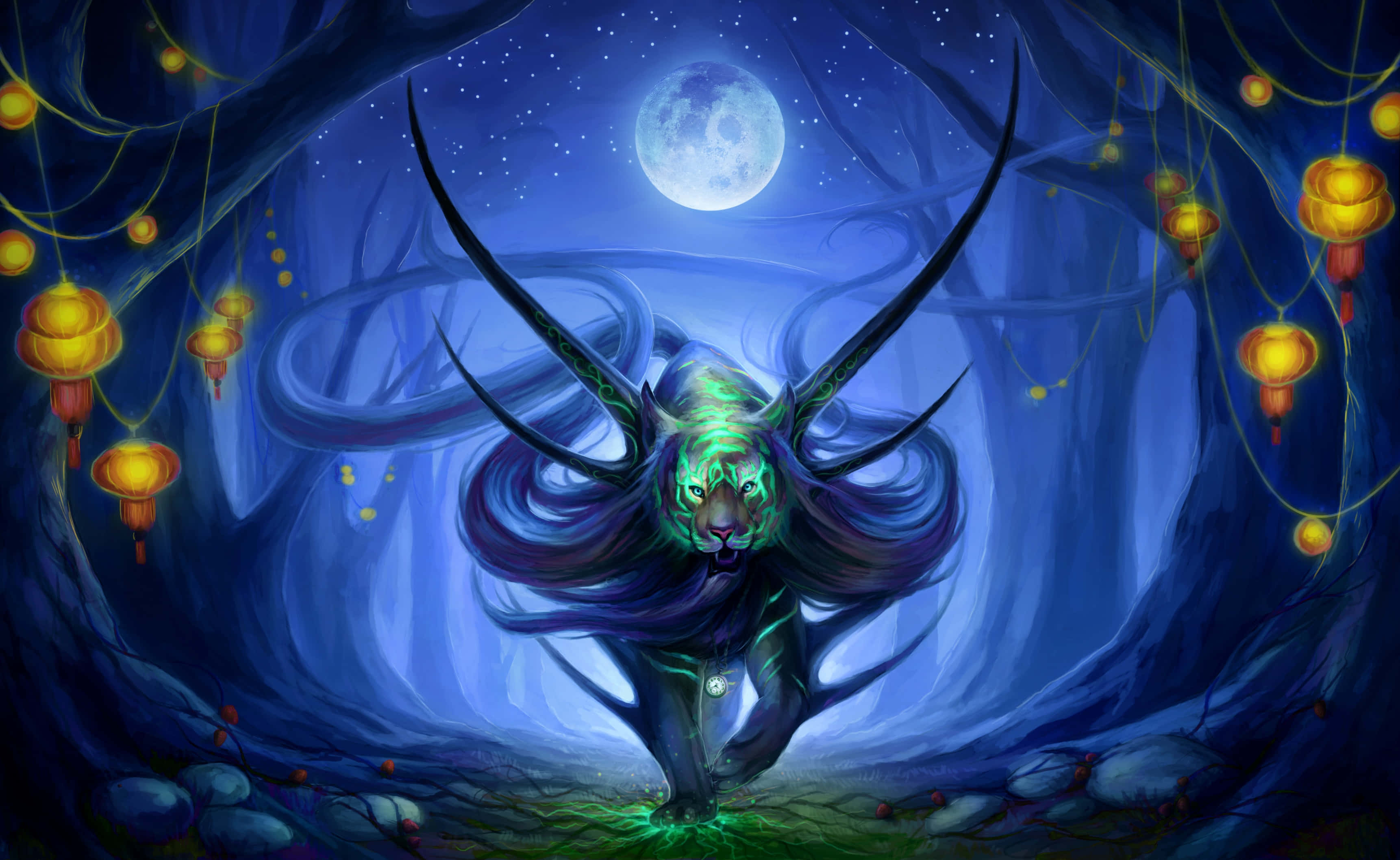 magic moon, glowing green tiger, antlers, 2K Desktop Wallpaper