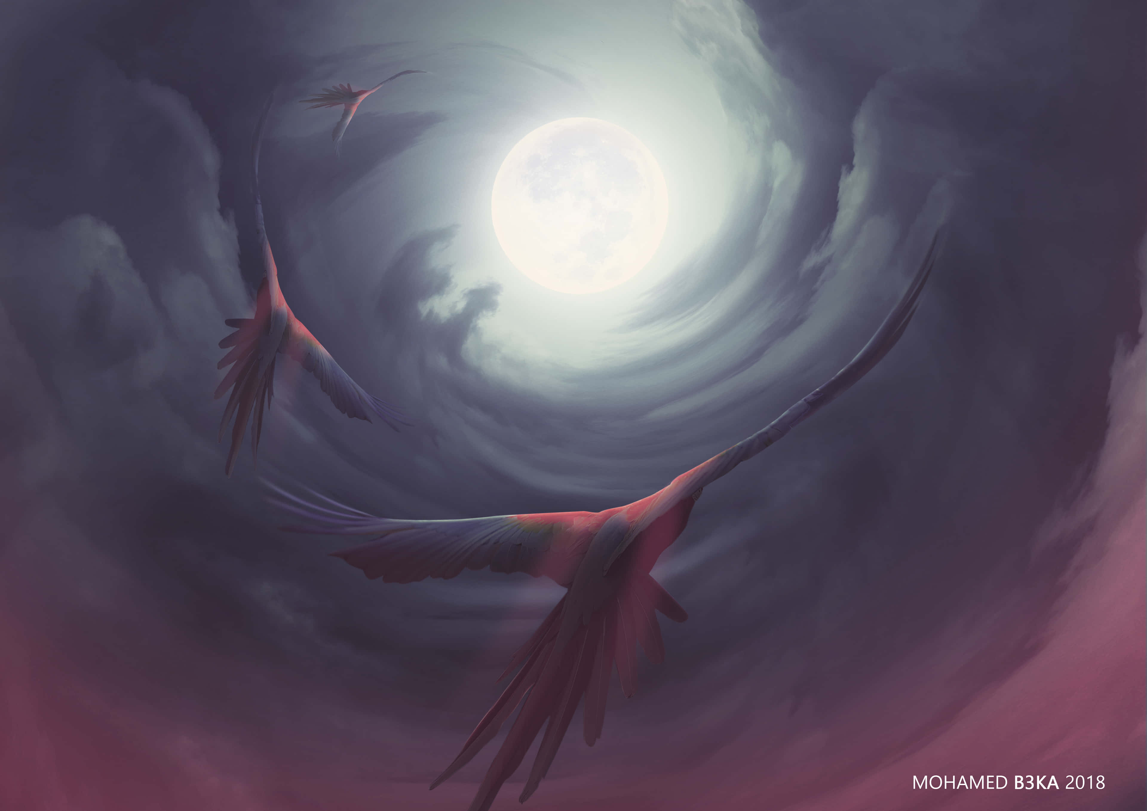 Magic Moon, red-winged birds, swirling purple and gray storm cloud vortex, 4K Desktop Wallpaper