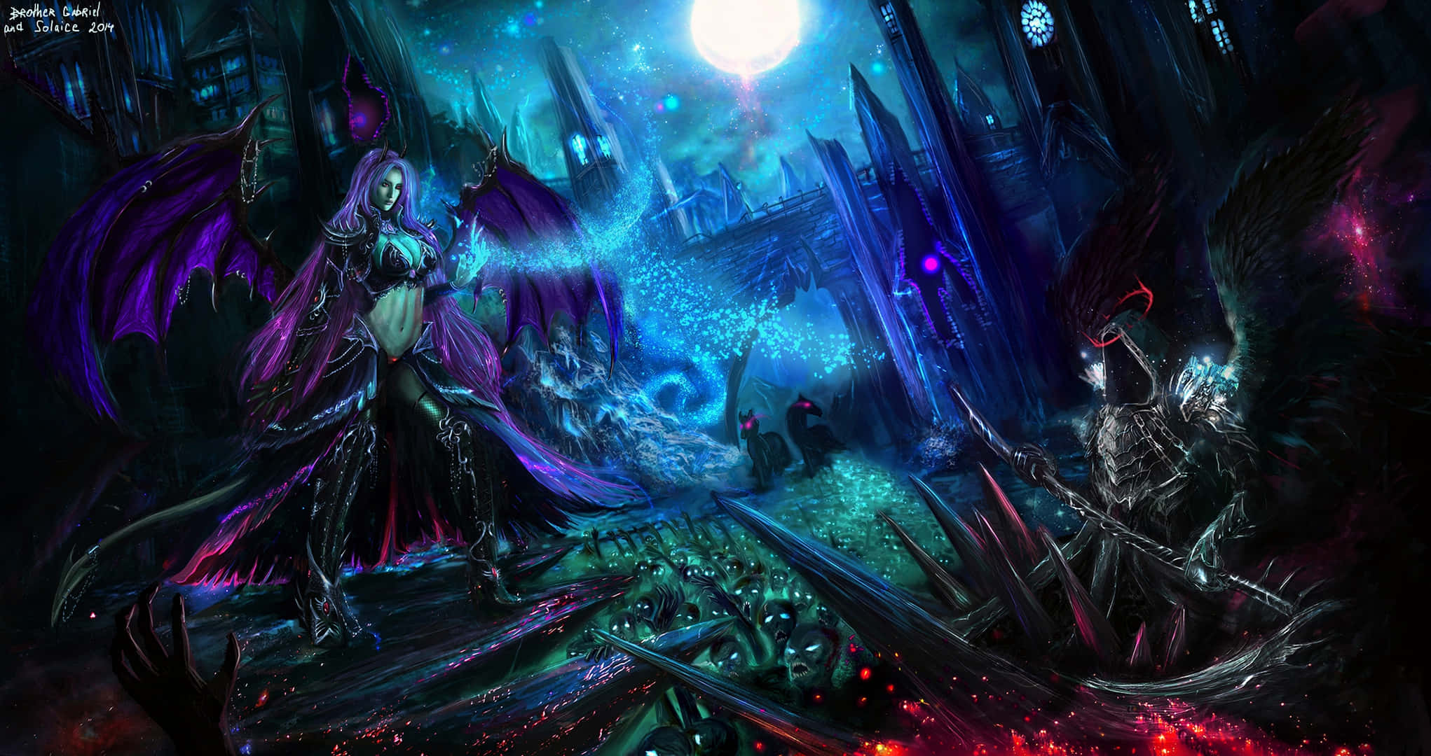 Magic Moon, purple-winged female warrior, skeletal knight, Full HD Desktop Wallpaper