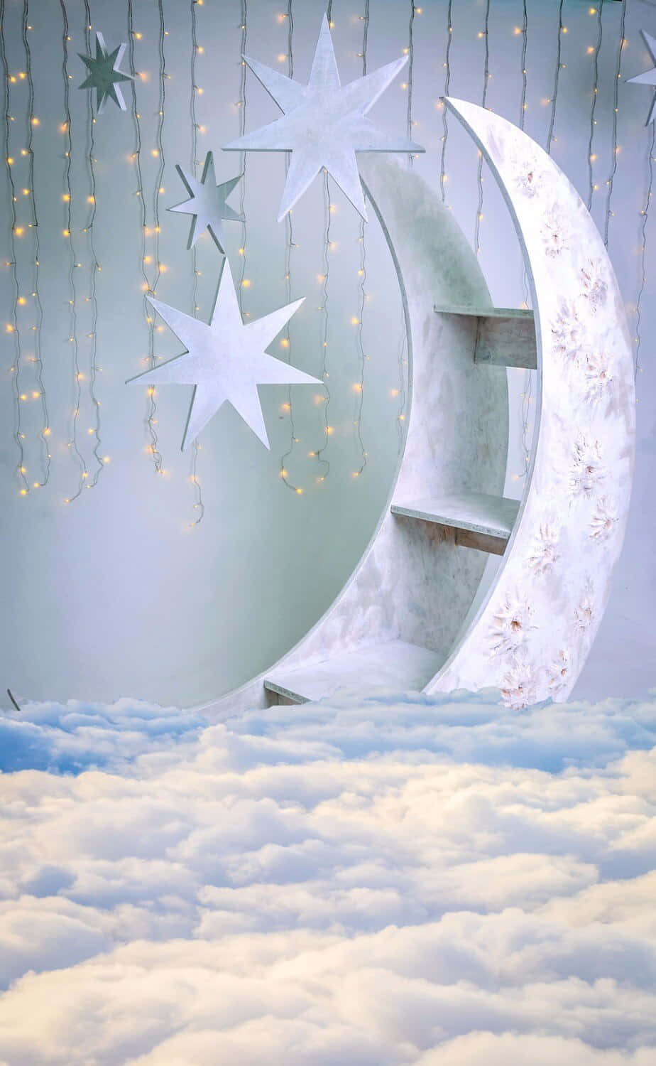 crescent moon bookshelf, star decorations, fluffy clouds, HD Phone Wallpaper