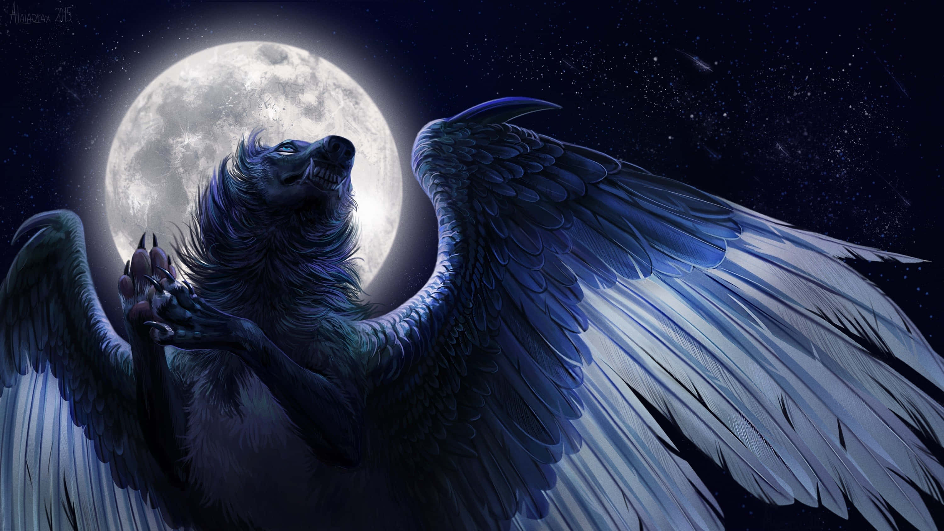 Magic Moon, winged wolf, luminous full moon, 2K Desktop Wallpaper